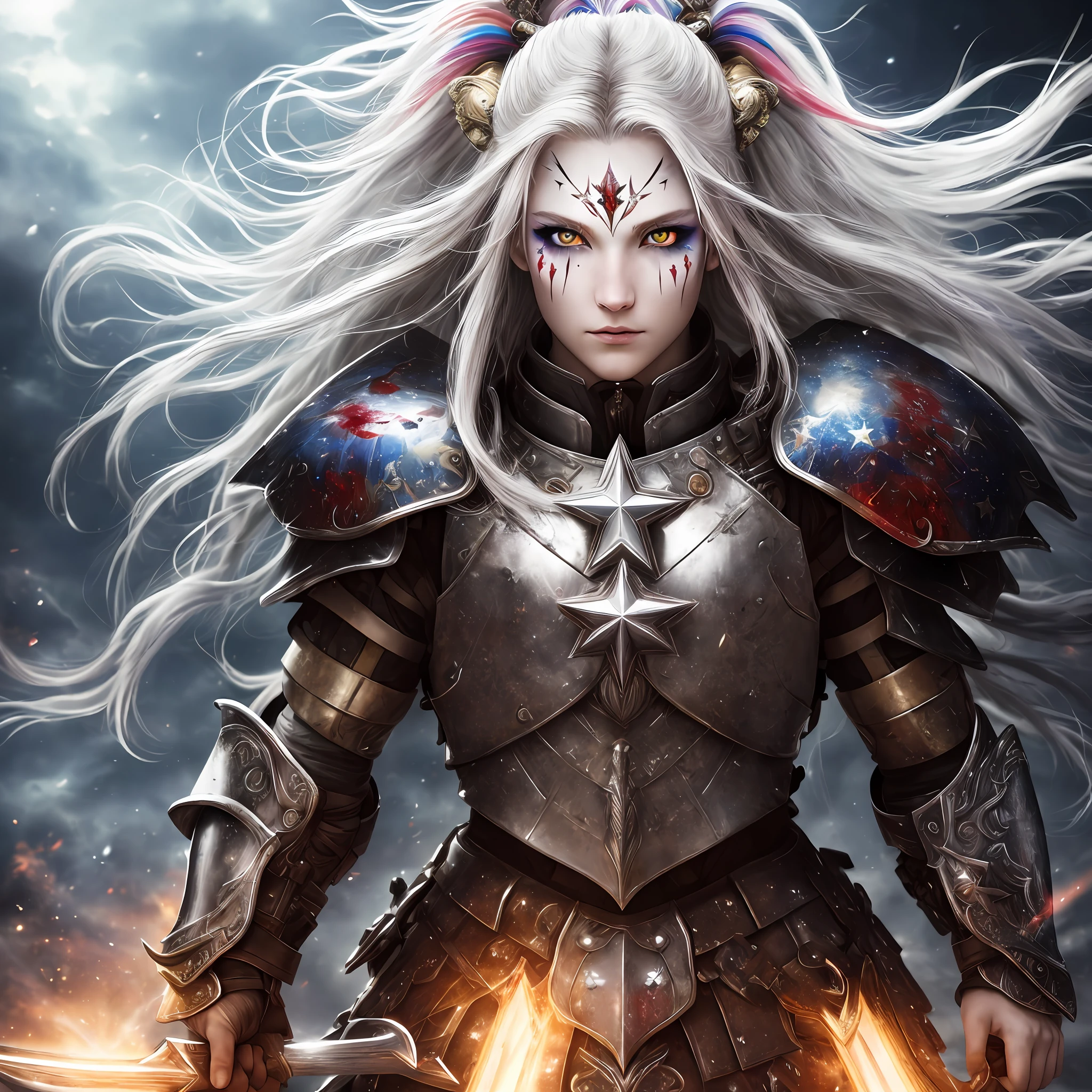 masterpiece, best quality, close-up, warrior, multicoloured hair, white eyes, colorful stars, radiant light, claymore, bloody battlefield