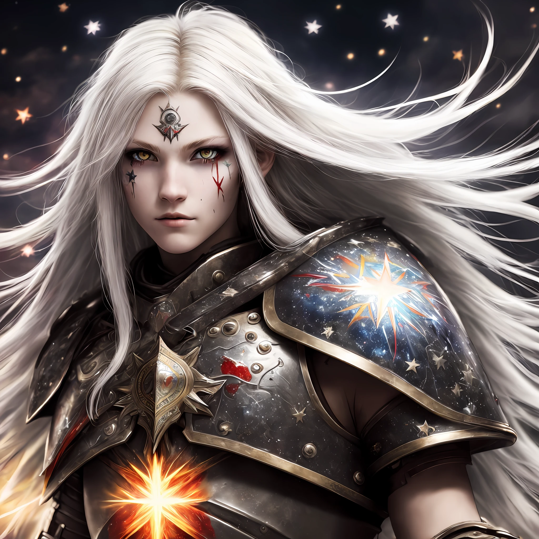 masterpiece, best quality, close-up, warrior, multicoloured hair, white eyes, colorful stars, radiant light, claymore, bloody battlefield