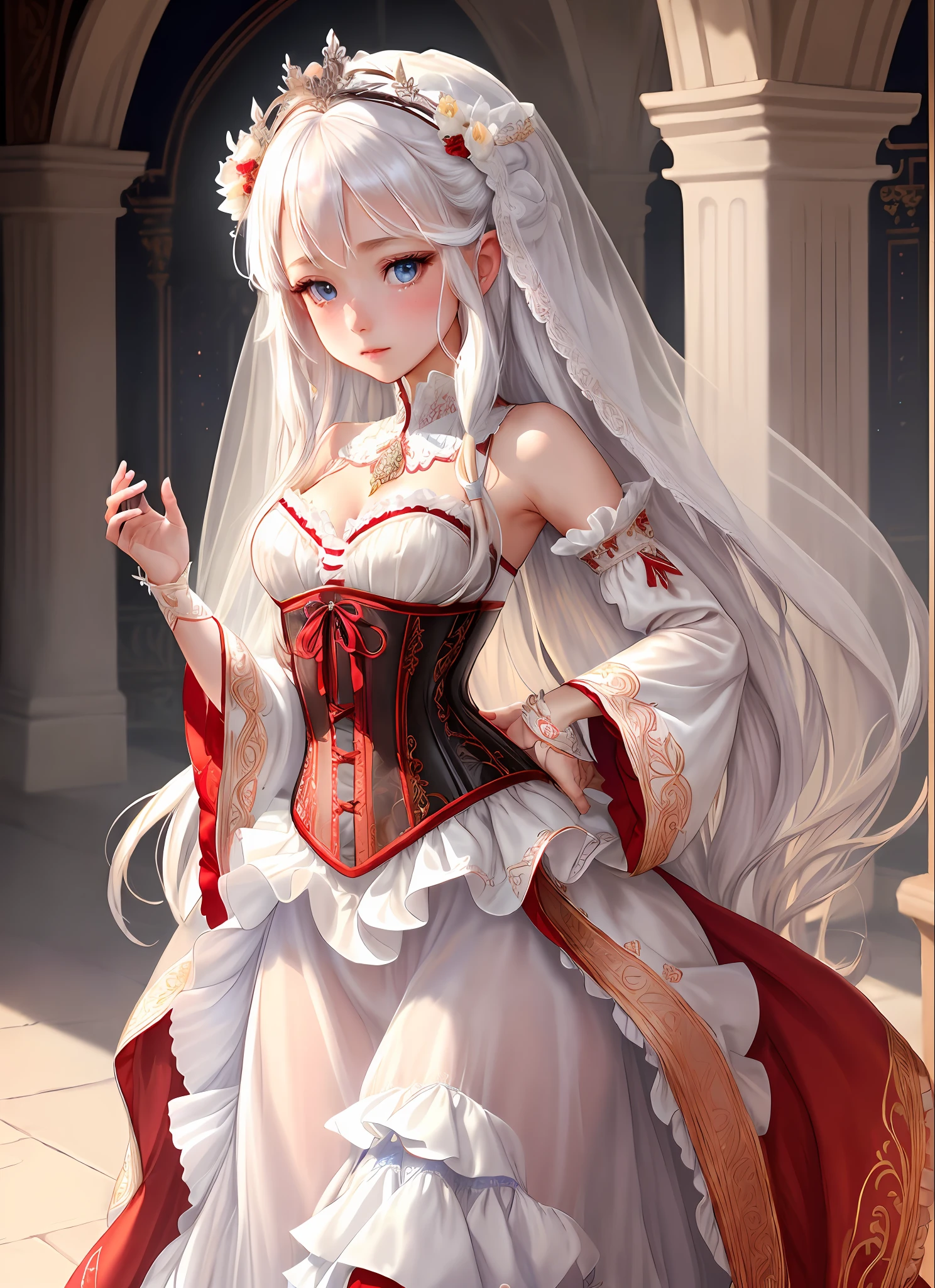 ((extremely detailed CG unity 8k wallpaper)), masterpiece, ultra-detailed, floating, high resolution, sexually suggestive, (petite, absurdly long white hair, princess, white mage, blue eyes, ("ornate long white and red see through layered long dress with long detached wide sleeves and intricate embroidery"), bridal veil, circlet, bridal gauntlets, blushing, shy, arched back, ruffled petticoat, ornate corset,
