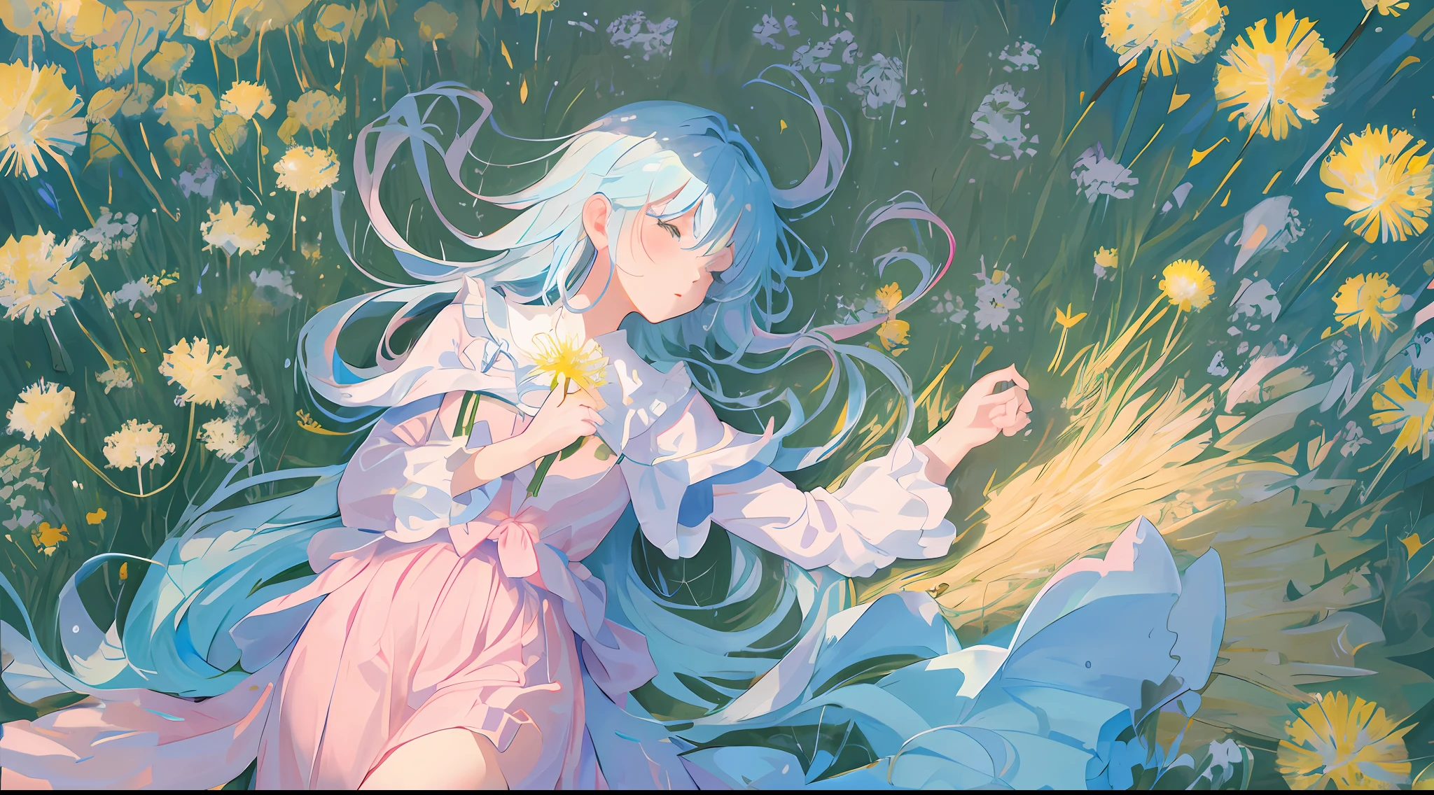 Masterpiece, best quality, a girl with long light blue hair, soft pink clothes, lying down alone in a never ending dandelion field, far away aerial shot or view