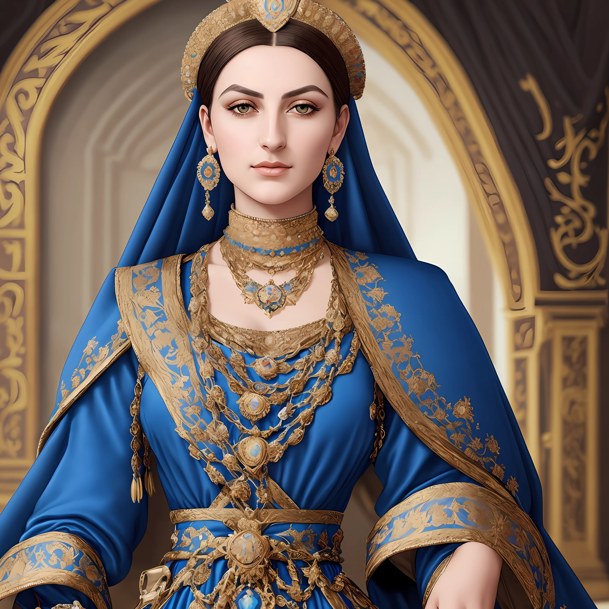 hyperrealistic ottoman empire sultana with Grecian coloring, striking dark eyes, royal blue dress, fine jewelry, nobility, fully body portrait