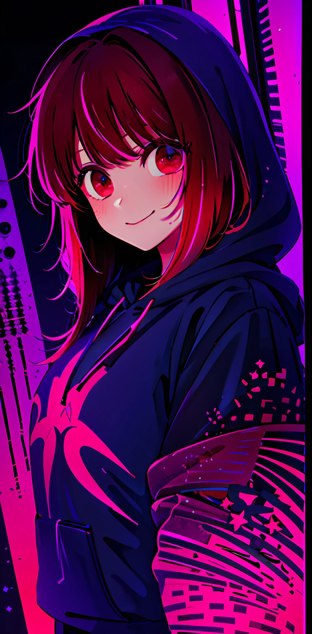 detailed background, masterpiece, best quality, smile, ornament, hoodie, portrait, neon red, graffiti, dark, night, glowing eyes, blacklight