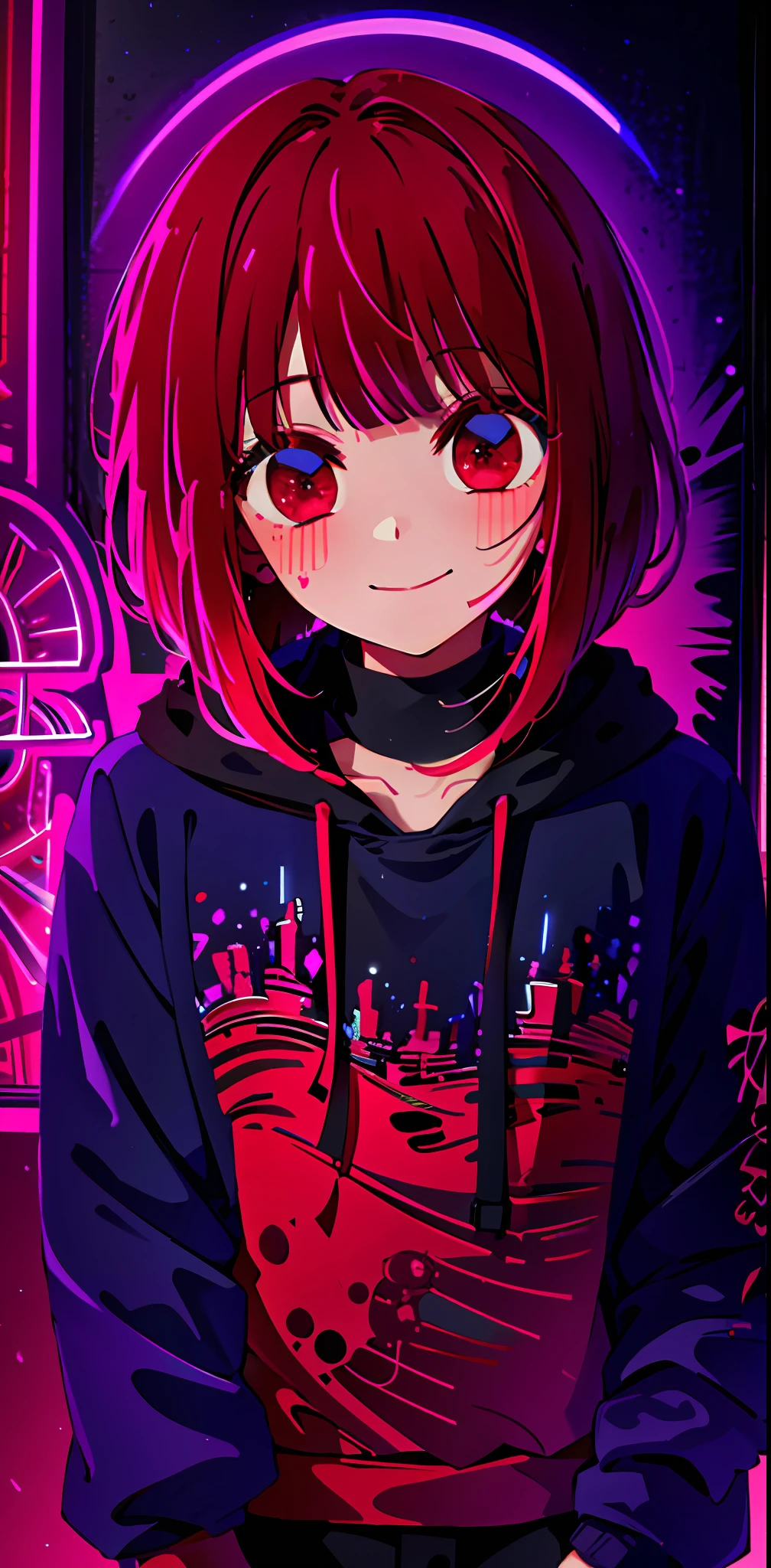 detailed background, masterpiece, best quality, smile, ornament, hoodie, portrait, neon red, graffiti, dark, night, glowing eyes, blacklight