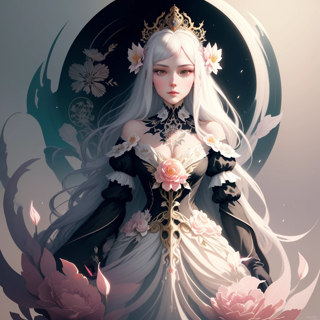 (skeleton like:0.4), ((female ornate princess)), (with white long flowing hair), (bright beautiful eyes), trending on artstation, flowers of hope by Jean-Honor Fragonard, Peter mohrbacher, hyper detailed, insane details, stunning, intricate, elite, art nouveau, ornate, liquid wax, elegant, luxury, Greg Rutkowski, ink style, sticker, vector-art beautiful character design, double exposure shot, luminous design, award winning, masterpiece, amoled black background,