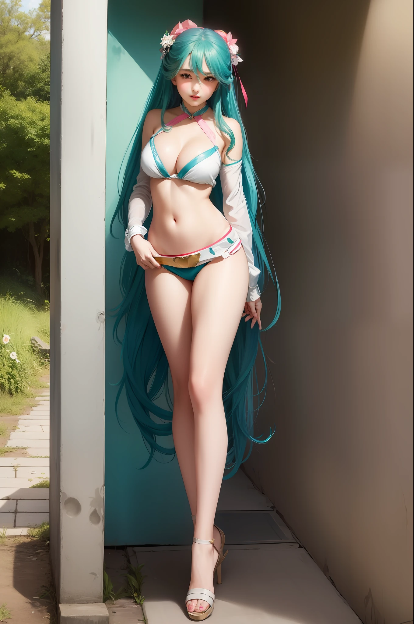 Hatsune Miku, ta raver stripper(((realistic))),(((illustration))),(((bishoujo))),(((masterpiece))), (((best quality))) ,(((1 beautiful detailed handsome girl))), energetic, GIGANTIC BREASTS, CLEAVAGE, huge breasts, outdoors, curly hair, bouncy hair,red lipstick, beautiful detailed eyes, dynamic angle, perfect body, crop top, cut out, belt, shorts, by Jeremy Lipking, by William Bouguereau, (by Alphonse Mucha:0.5) ,