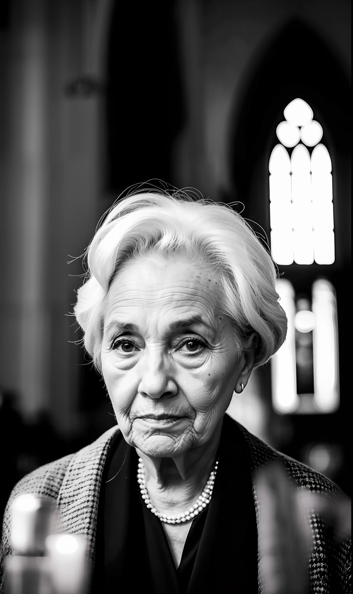 black and white photo of a 70-year-old woman in black clothes, gray hair, sad face, half body, highly detailed skin, skin pores, inside church,lit candles,, 8k uhd, Dslr, soft lighting, high quality, film grain, Fujifilm XT3