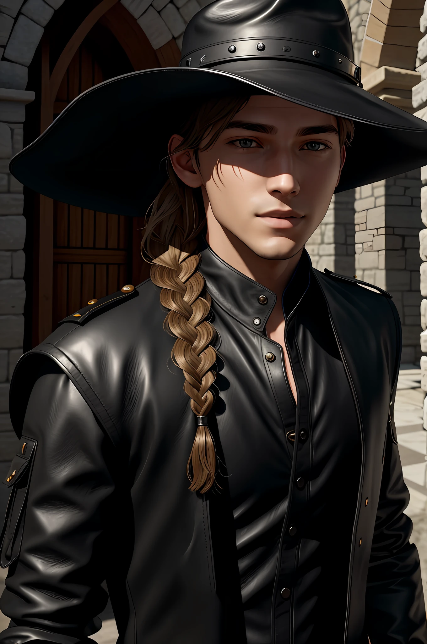 top-down view, complex 3D visualization, high detail, 1 handsome young ((man)) looking at the viewer (Pureerosface_V 1:0.6), 18 years old, light braid, long-brimmed hat, pure, genuine human skin (black leather clothing), muscles, vivid details, hyperrealistic, beautiful background (Medieval: 1,2), octane rendering, 8k, best quality, masterpiece, extremely detailed, computer graphics, unity, wallpapers (realistic, photorealistic: 1.37), stunning, fine details, masterpiece, best quality, official art, extremely detailed CG unity 8k wallpapers