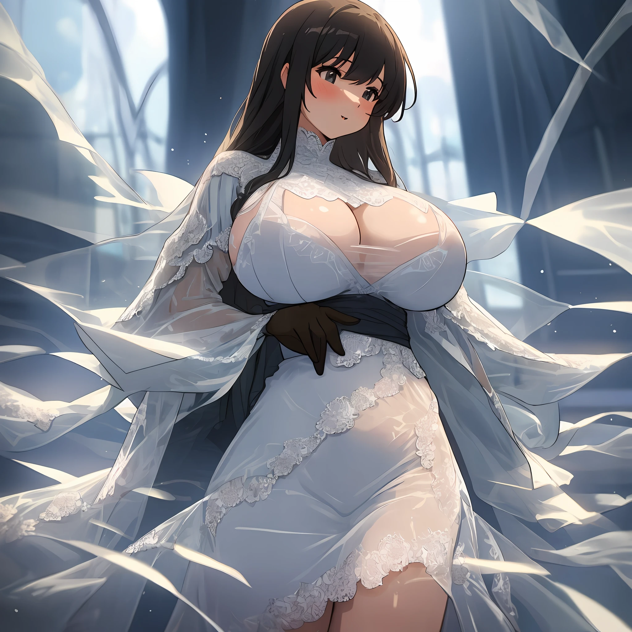 A woman with big sexy breasts dressed in a transparent lace garment