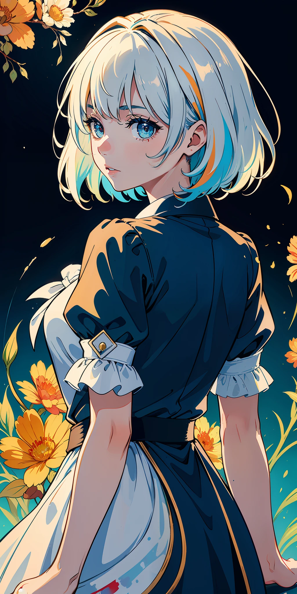 (masterpiece: 1.2, best quality), (finely detailed beautiful eyes: 1.2), (extremely detailed 8k CG wallpaper, masterpiece, best quality, ultra detailed, best shadow), (detailed background), (beautiful detailed face, beautiful detailed eyes), high contrast, (better lighting, an extremely delicate and beautiful), 1girl, ((colorful paint splashes on transparent background, dulux,)), ((watercolor)), dynamic angle, beautiful detailed brightness, photo of half body, ((only)), looking back, high school clothes, short hair