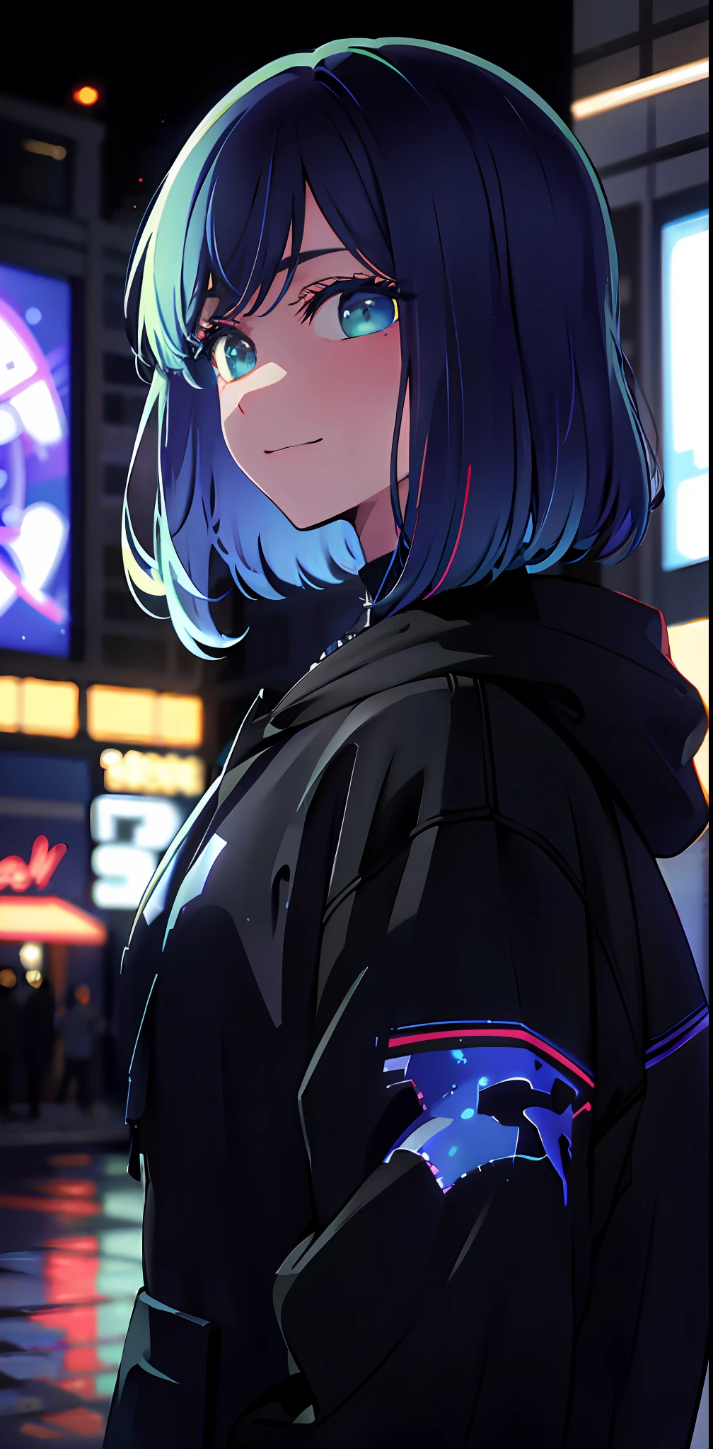 detailed background, masterpiece, best quality, smile, ornament, hoodie, portrait, blue neon, graffiti, dark, night, glowing eyes, blacklight