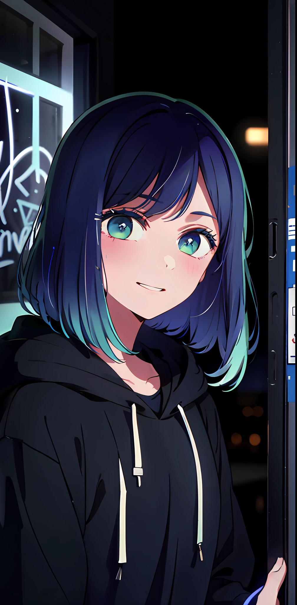 detailed background, masterpiece, best quality, smile, ornament, hoodie, portrait, blue neon, graffiti, dark, night, glowing eyes, blacklight