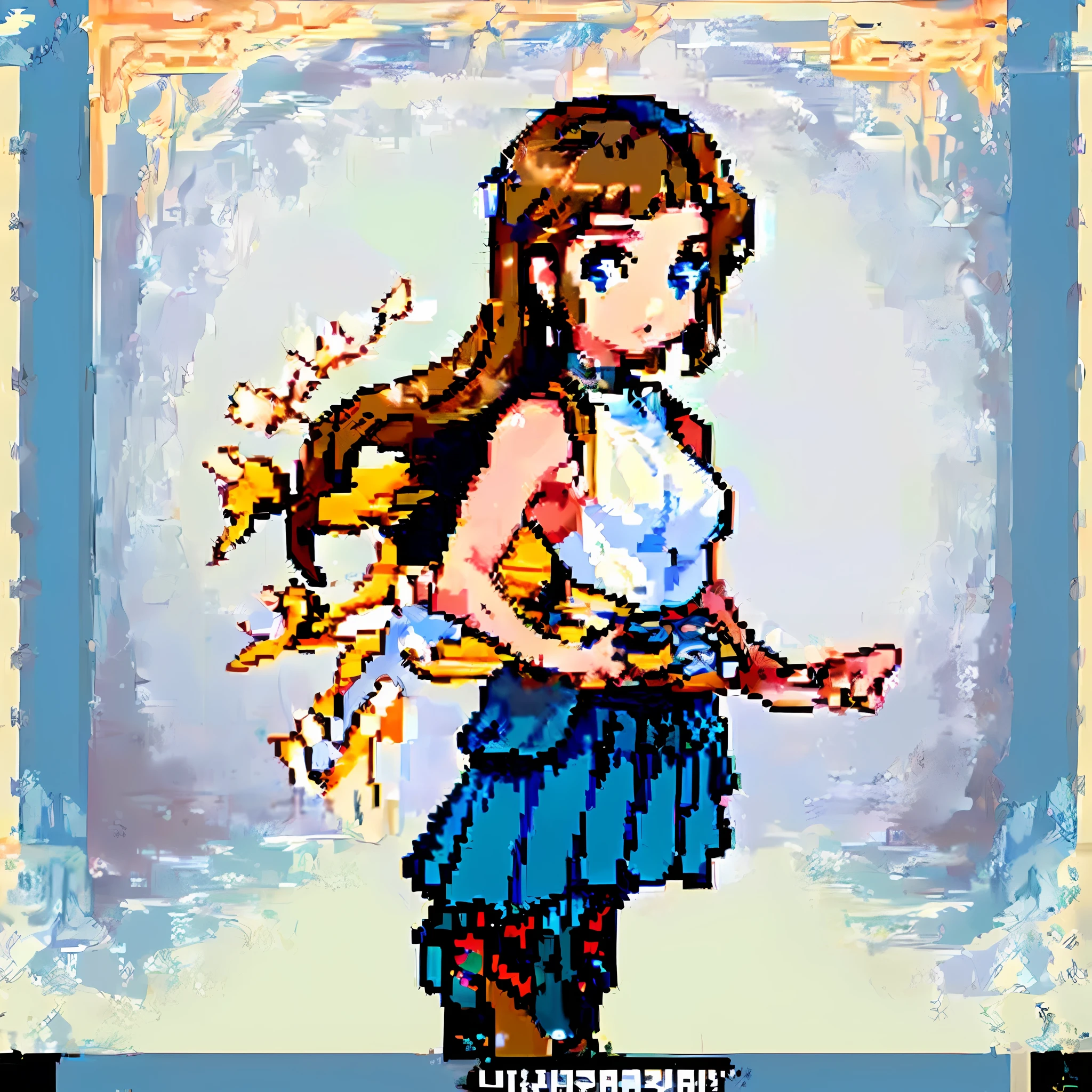 (masterpiece, ultra-quality, ultra-details, beautiful, illistration, art, anime), 1girl, solo, upper_body, pixel art, brown long hair, blue eyes, wearing a black tight sleeveless turtle neck, wearing red pleated mini-skirt