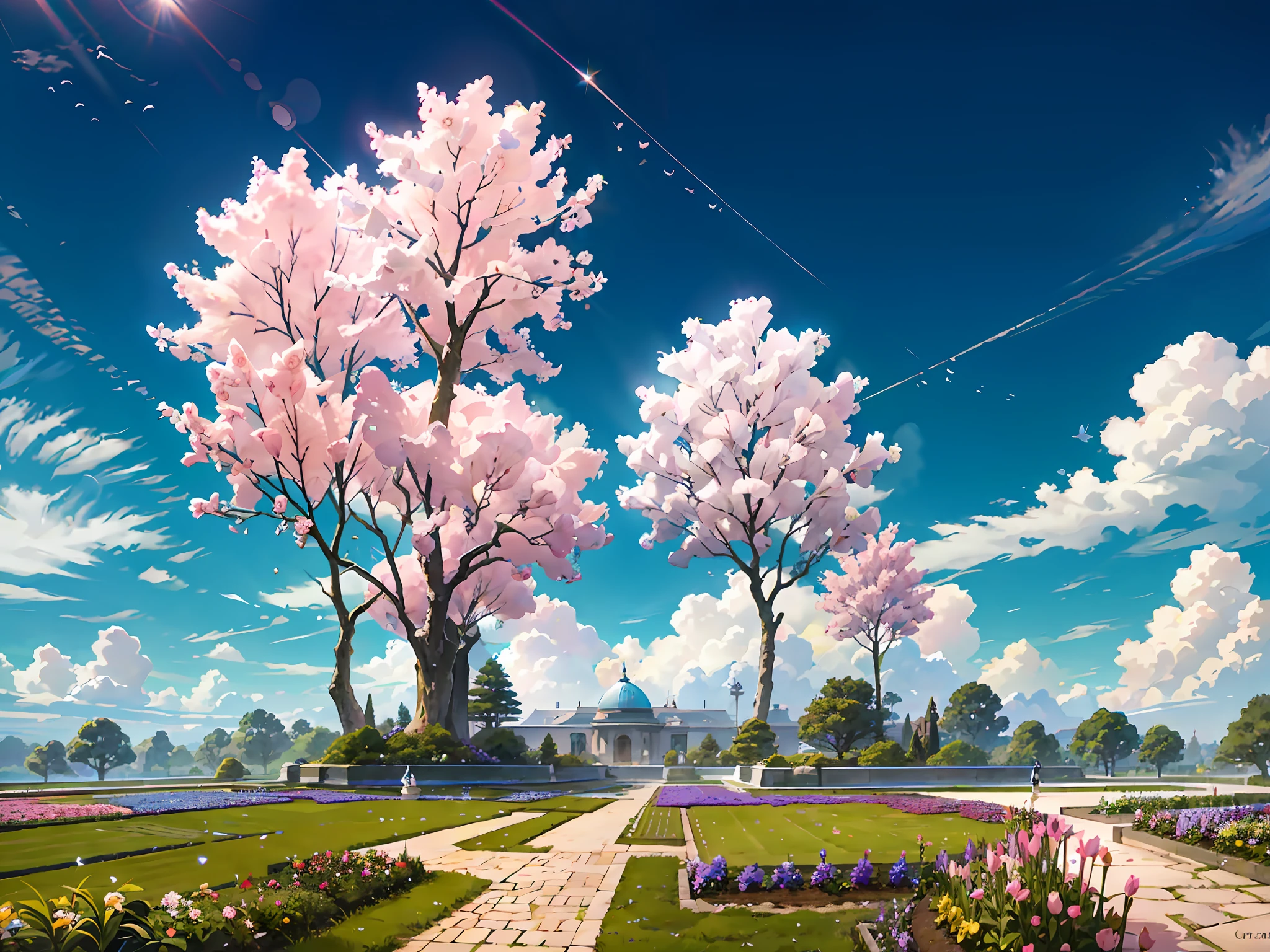 Super realistic, with very high rendering, Super realistic scene, Imagine a serene and beautiful landscape: a sky filled with vibrant and captivating colors. In a portion of the sky, the Earth appears mesmerizing. Advanced and futuristic spacecraft are placed like jewels, shimmering in the sky, creating a galactic spectacle. Moving on, envision the Earth beneath this enchanting sky. At the heart of this scenery lies a garden adorned with blue water and dazzling rose flowers. The calm and clear blue water flows gently from a small fountain, casting its radiance upon the budding roses that grow alongside it. The roses in this garden are clearly of every color and pattern imaginable: deep scarlet red, bright and lustrous white, and delicate shades of pink scattered gracefully on the ground. Fresh and vibrant green leaves surround the flowers, exuding the breath of nature and lively energy. The garden is surrounded by tall trees and bathed in pleasant sunlight that filters through the leaves, creating cool and soothing shadows. A gentle breeze rustles through the trees and flowers, carrying the scent of the blooms into the air, infusing the environment with a natural sense of life and serenity. By visualizing this scene, you can feel a harmonious connection between the futuristic cosmos with Earth's beauty, represented by the exquisite roses blooming amidst the tranquil garden, product rendering, HD 8K. --v6
