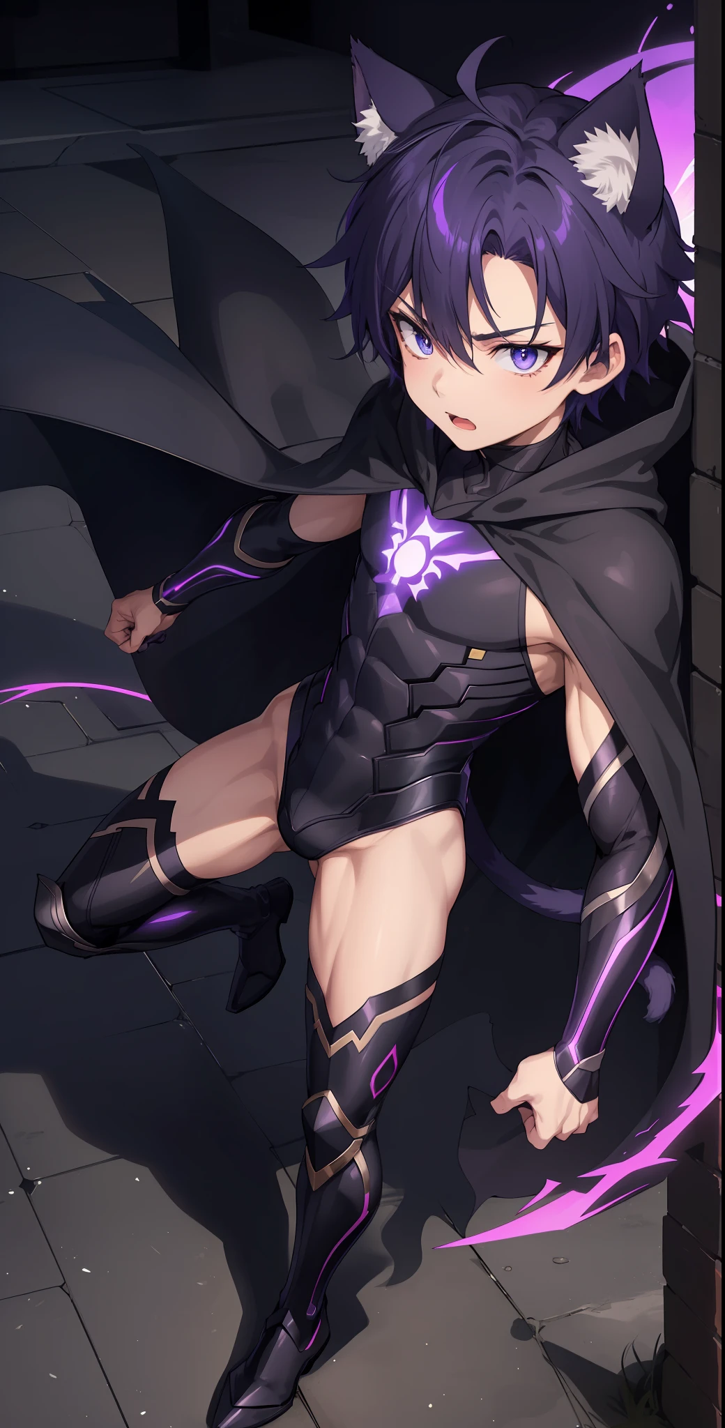 1boy, toned, sharp cat ears, cat tail, dark purple messy hair, dark blue eyes, cosmic powers, HD, masterpiece, vibrant, black boots, dead expression, slim purple armor, superhero stance, black cloaked cape