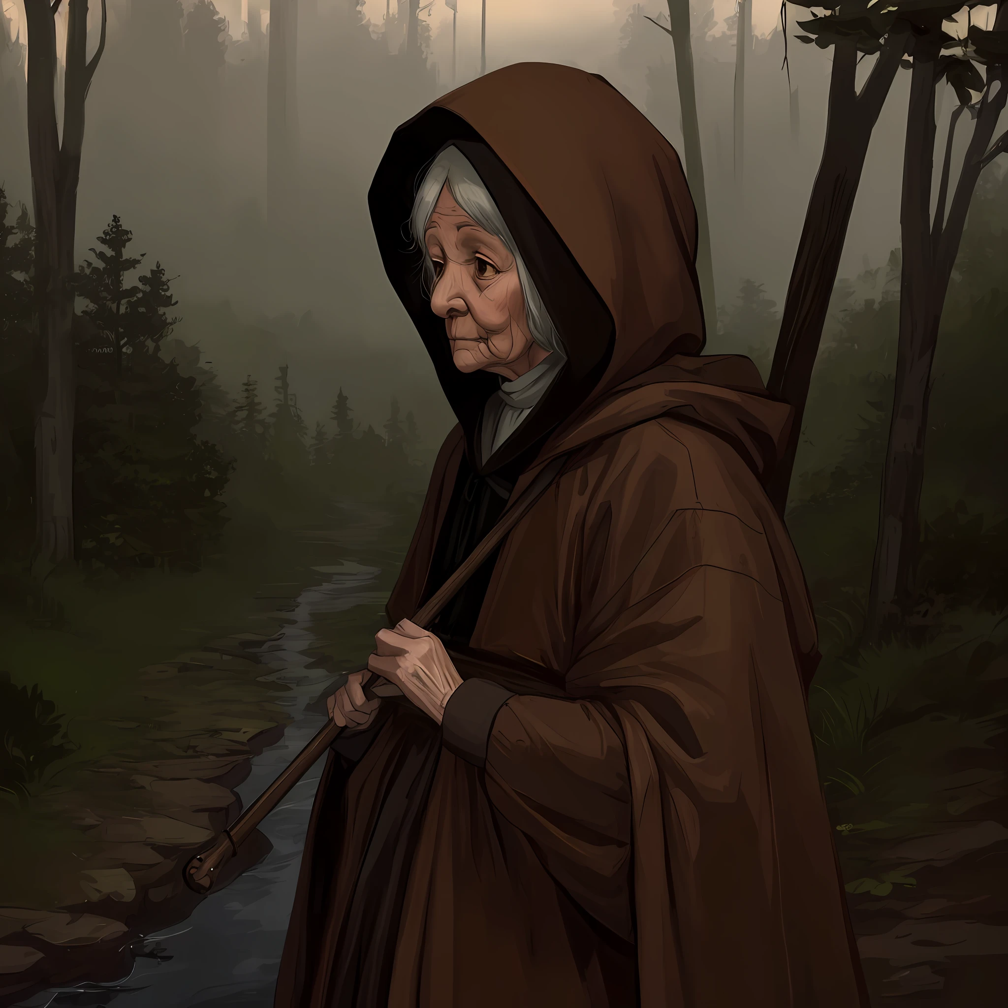 (an old woman),brown hood,cane,looking down,(small village),forest in the background(integrated),nostalgic atmosphere,fog,low saturation,low lighting::0.8