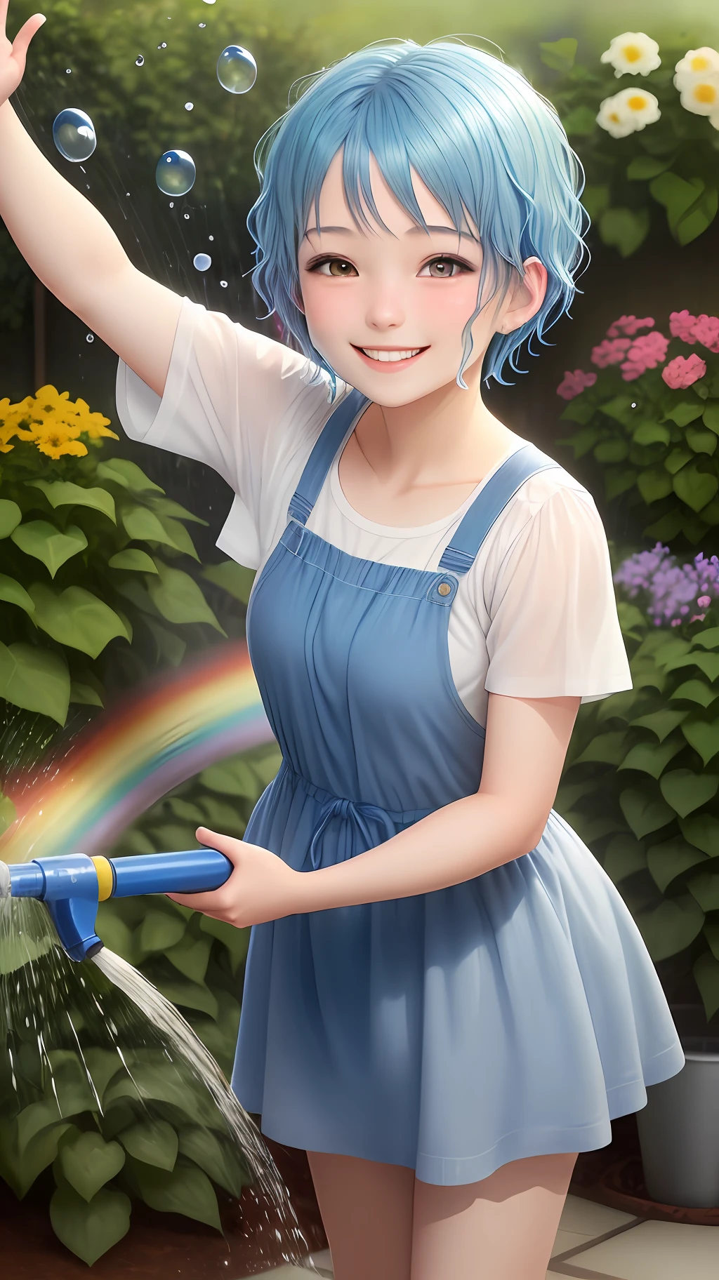 A smiling and waving girl, short blue hair, soft face, 22 years old, in a garden watering the plants with a hose, water droplets forming a rainbow