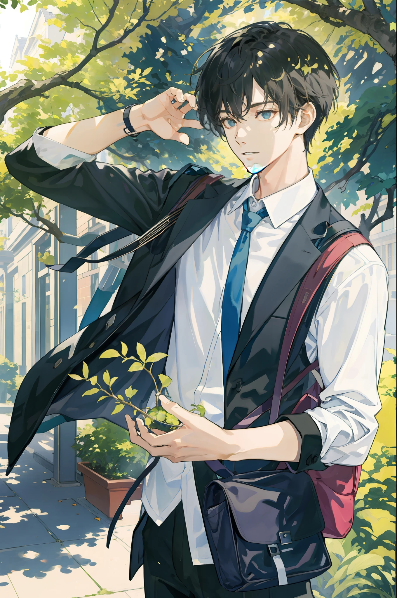 Masterpiece, Need for Good, 1boy, Male Focus, Handsome, Campus, Boulevard, Spindle Tree, Afternoon Sun, On the Way to School, School Uniform, Backpack, Front, Depth of Field