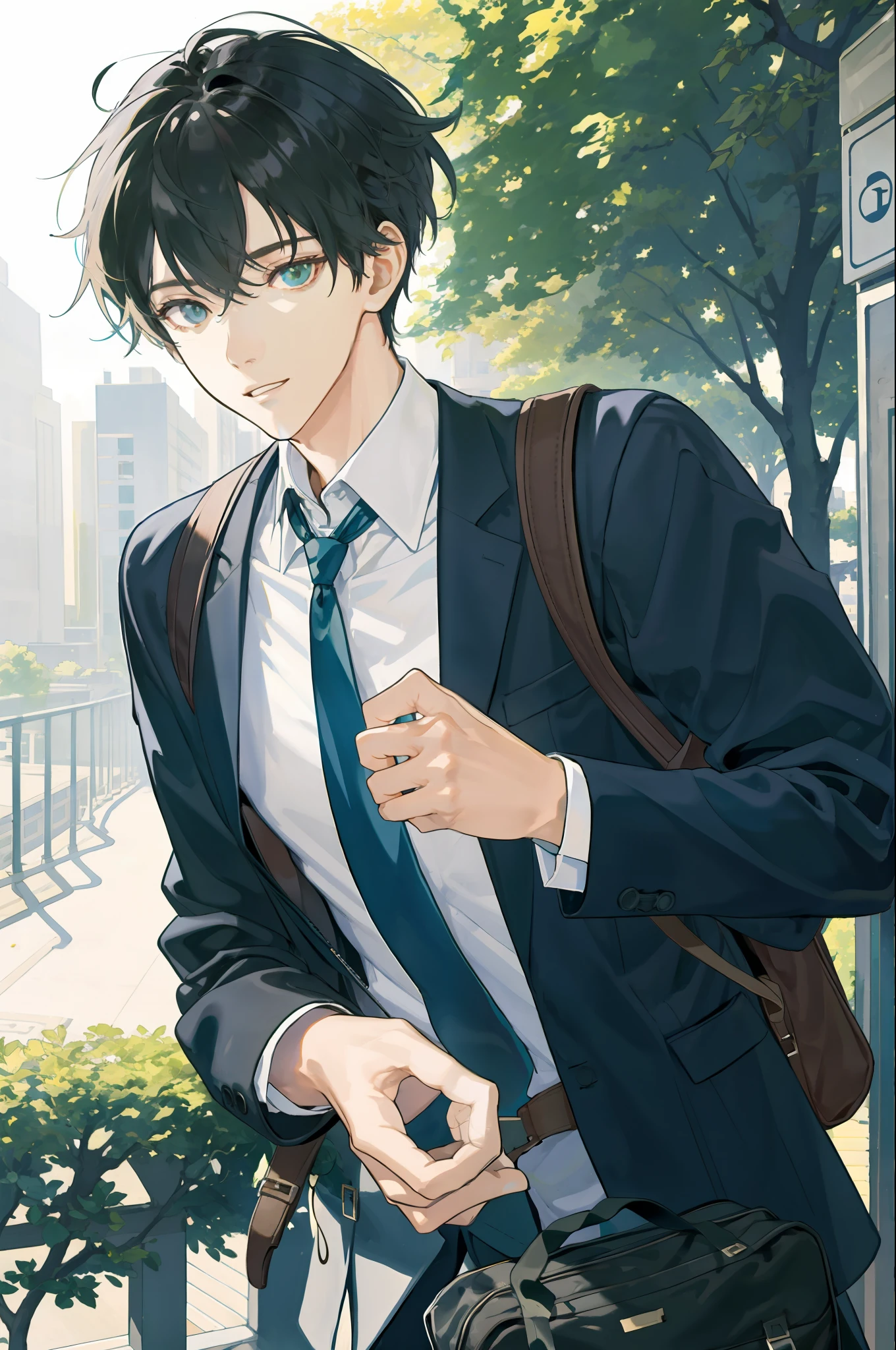 Masterpiece, Need for Good, 1boy, Male Focus, Handsome, Campus, Boulevard, Spindle Tree, Afternoon Sun, On the Way to School, School Uniform, Backpack, Front, Depth of Field