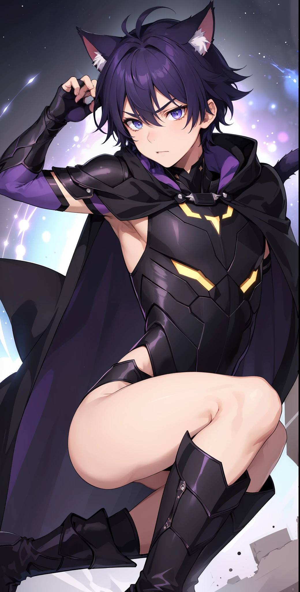1boy, toned, sharp cat ears, cat tail, dark purple messy hair, dark blue eyes, cosmic powers, HD, masterpiece, vibrant, black boots, dead expression, slim purple armor, superhero stance, black cloaked cape