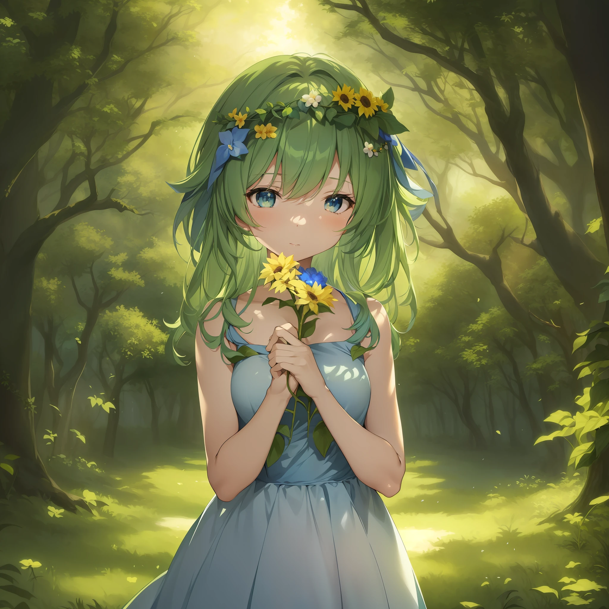 anime girl in a blue dress holding a flower in a forest, goddess of nature, goddess of spring, fey queen of the summer forest, anime visual of a cute girl, beautiful anime girl, goddess of the forest, beautiful sunflower anime girl, cute anime girl, beautiful anime portrait, trending on artstation pixiv, anime lush john 8k woods, forest soul