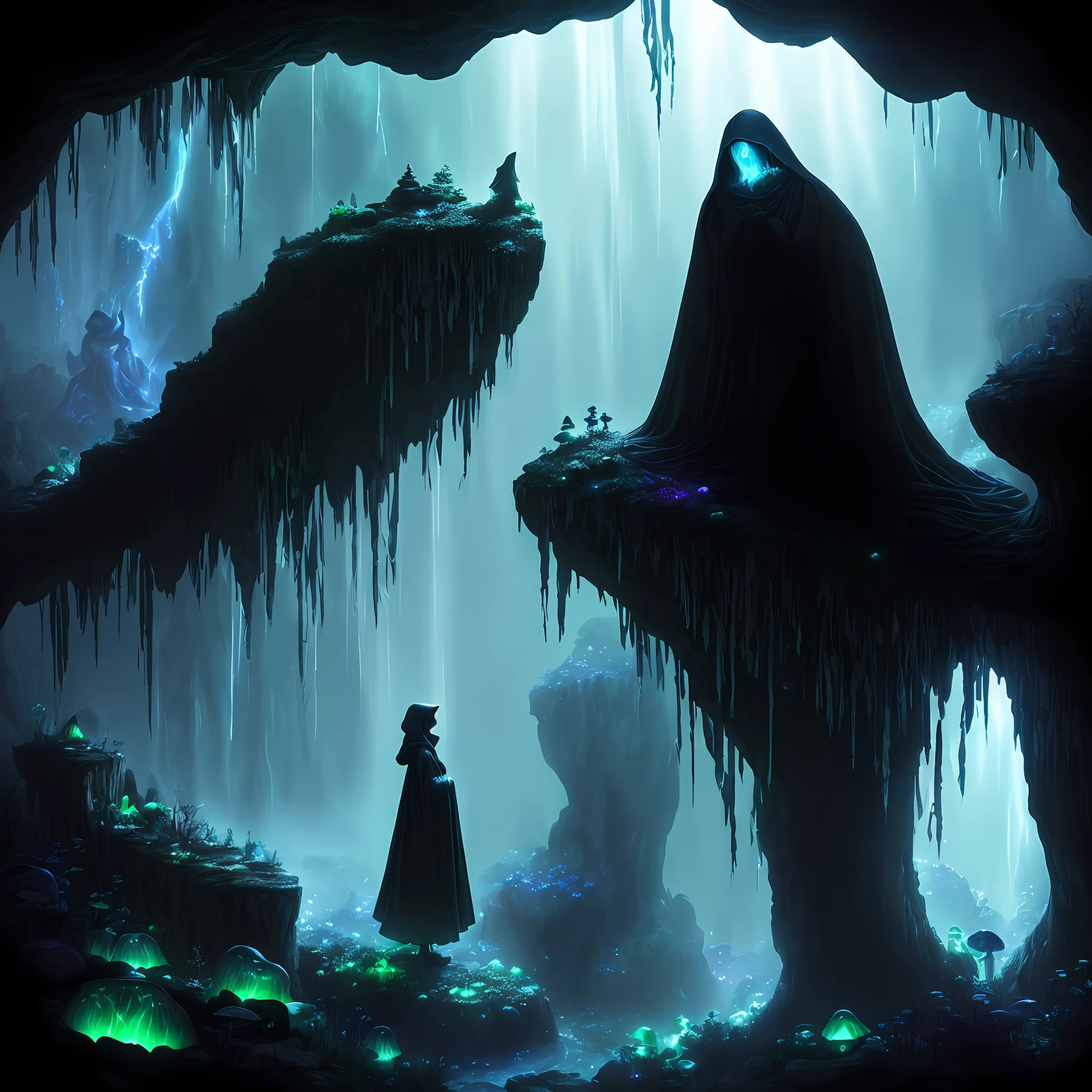Very detailed illustration, a mysterious woman in the foreground (maron hood, looking at the ground, exploring), inside a dark cave, many mushrooms on the floor(emit radiant green light), crystals on the walls (blue, intense brightness), jet of water (transparent, falls from the top of the image), very dim light from the outside, roots in the cracks (black, very fine), light fog throughout the room, very dark night light, very dark shadows