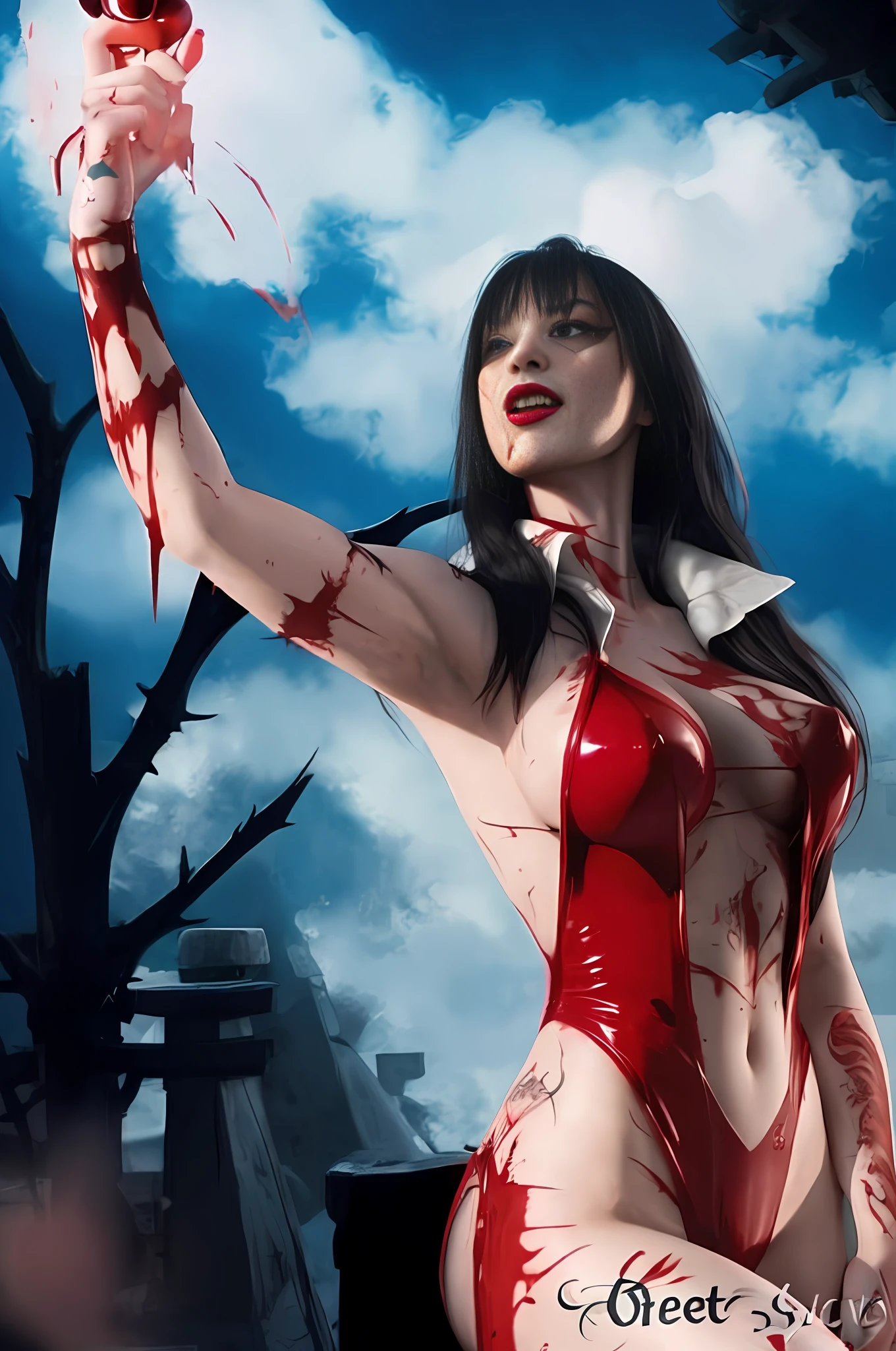 Vampirella, red costume, tattoo on the body, blood on the body, long hair, red eyes.