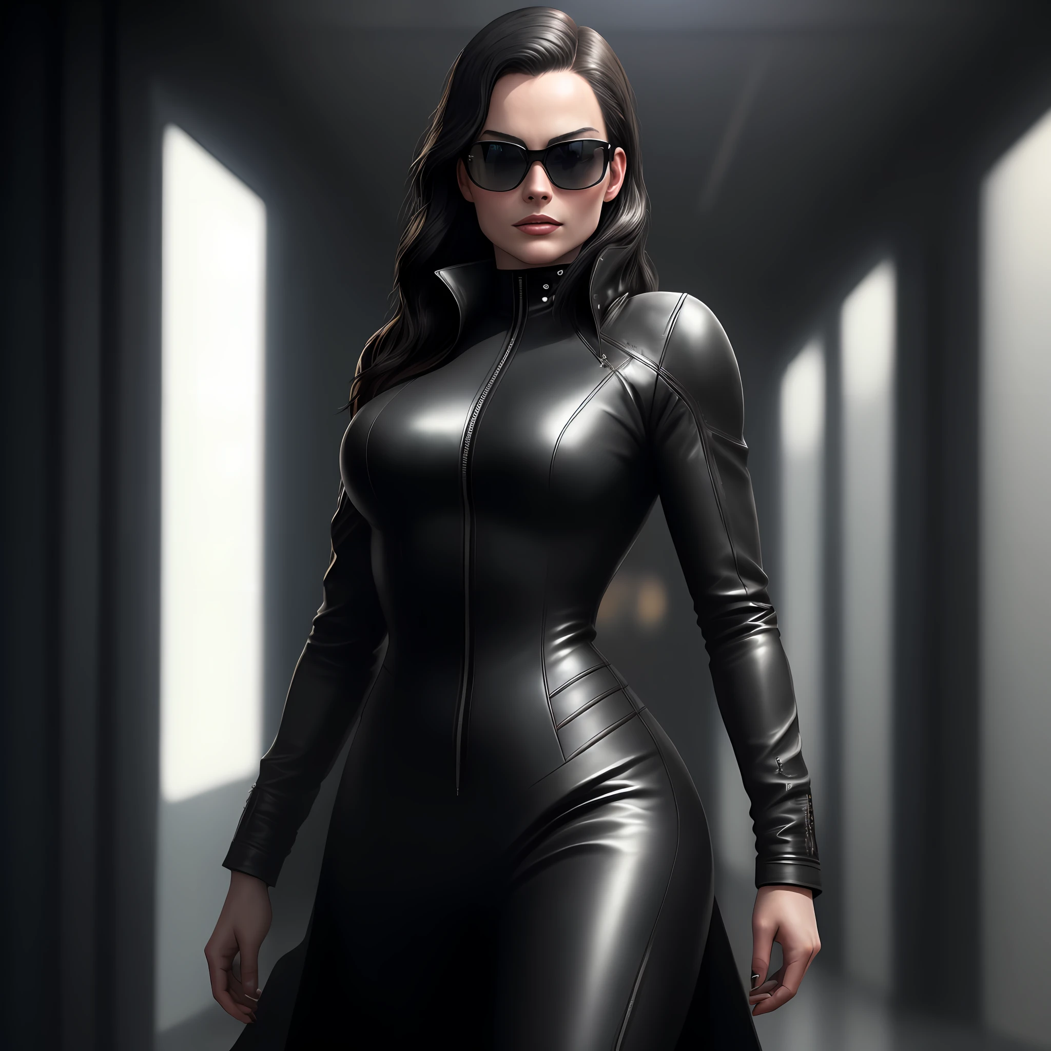 Photo from cinema.photorealistic Margot robbie wearing black leather suit with matrix style overcoat super realistic photo (8k) (HDR)wearing sunglasses, dark hair short black photorealistic
