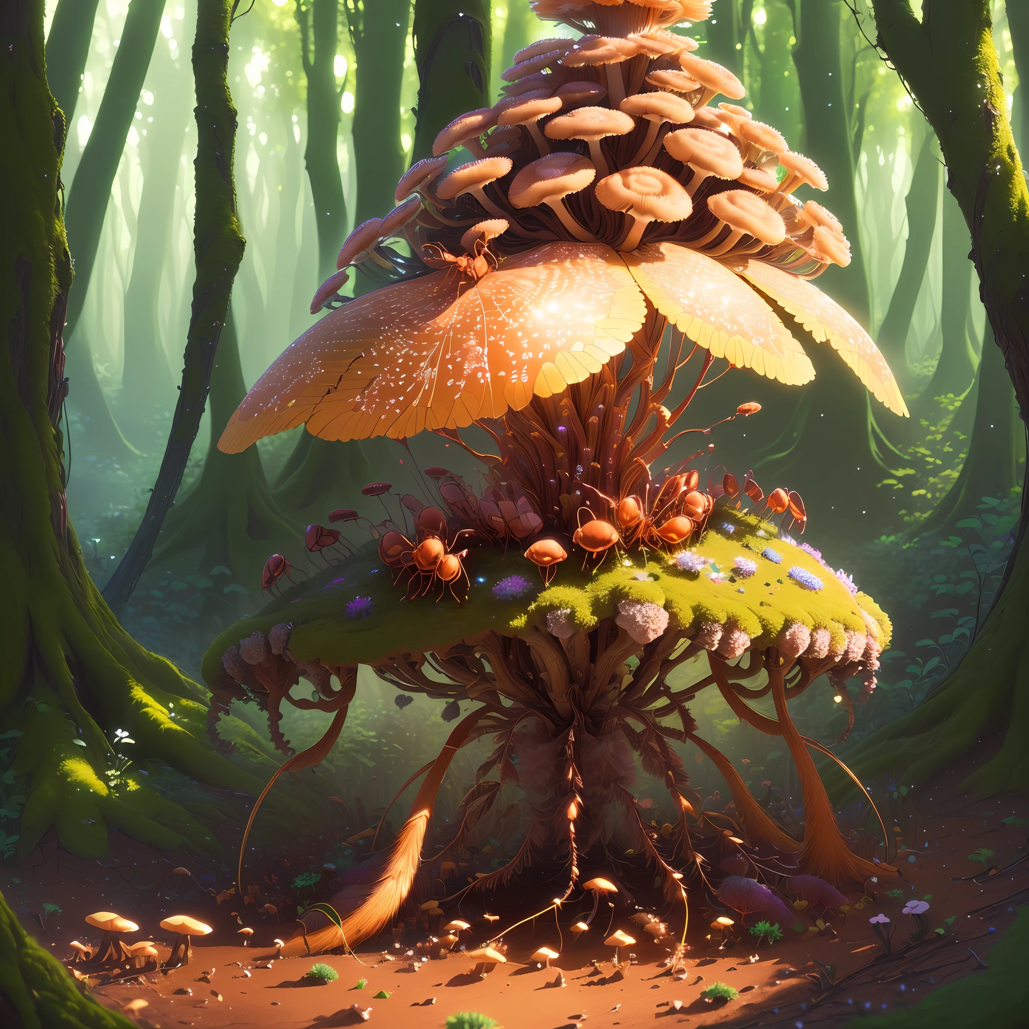 (extremely detailed CG unity 8k wallpaper, masterpiece, best quality, ultra-detailed), best illumination, an extremely delicate and beautiful, floating anthill in a magical forest, (multiple ants with wings, colorful patterns on ant bodies, shining eyes), depth of field, foliage, mushrooms, Volumetric light.