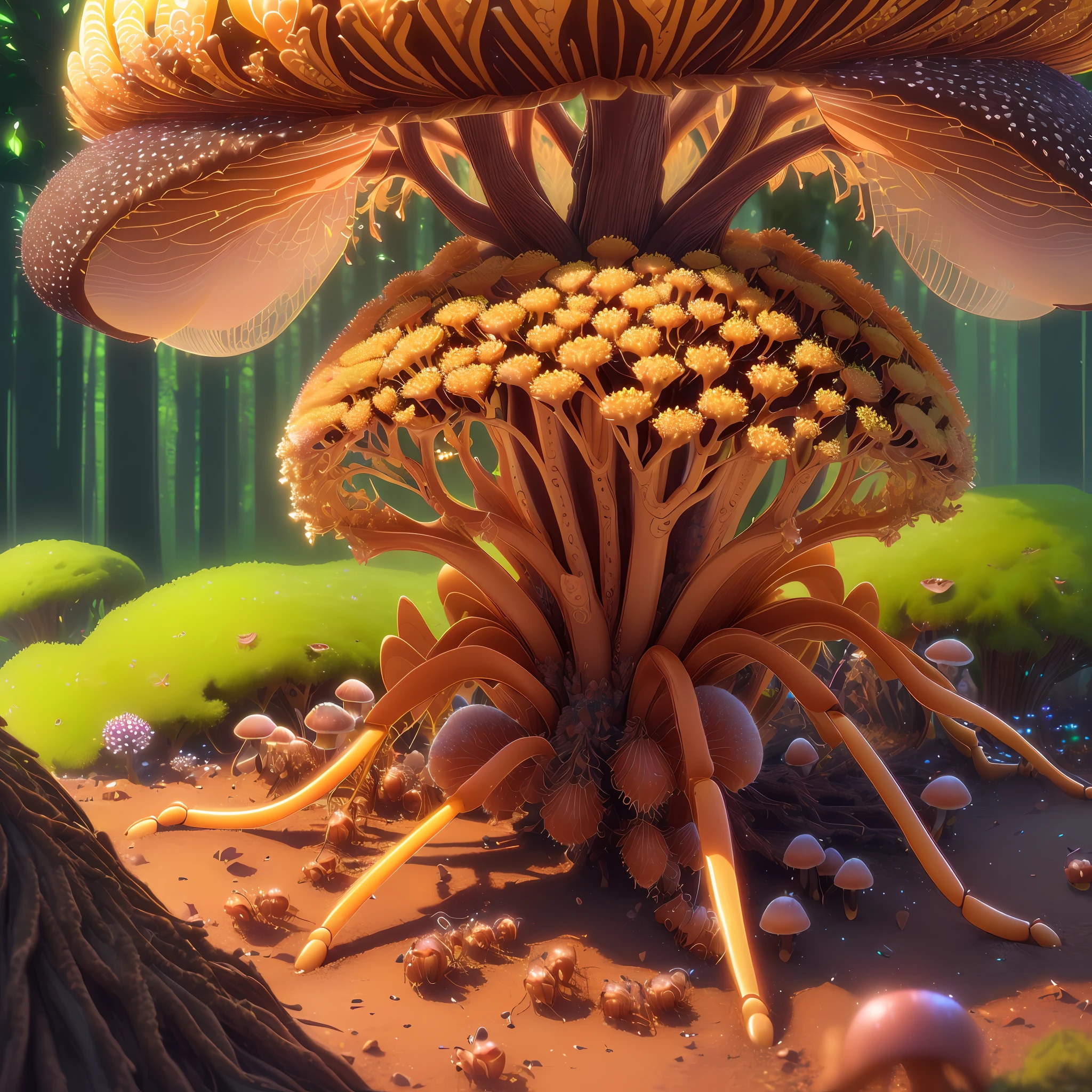 (extremely detailed CG unity 8k wallpaper, masterpiece, best quality, ultra-detailed), best illumination, an extremely delicate and beautiful, floating anthill in a magical forest, (multiple ants with wings, colorful patterns on ant bodies, shining eyes), depth of field, foliage, mushrooms, Volumetric light.