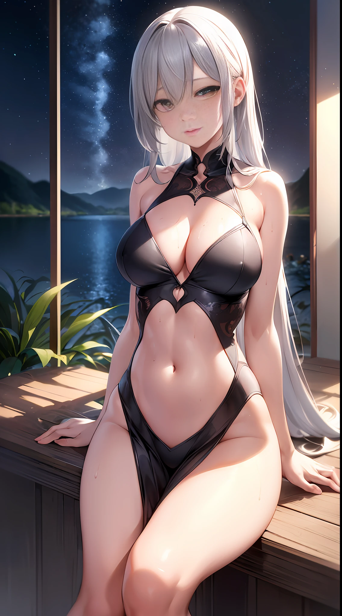 (Anti-aliasing Ultra High, Intricate Detail, Art Station, Virtual Engine, DOF, Super Resolution, Megapixel, FKAA, TXAA, RTX, SSAO, Post-Processing, Post-Production, Tone Mapping, CGI, VFX, SFX, Crazy Details and Complexity, Ultra Realistic Hyper Detail, Super Detail, Realistic, Ultra Realistic, Unreal Engine, 8K, Masterpiece, Best Quality, Cinematic Lighting, Ray Tracing, Very Detailed CG, Lake Outside, Moon, Full Moon, Backlight, Depth of Field.) , silver, long silver hair, collarbone, navel, mid-chest, thin, eyes, perfect eyes, medium breathing, radiant skin, sitting on bed, heart-shaped pose, shiny breasts with sweat inside, (high detail skin: 1.8) (high detail eyes: 1.8)