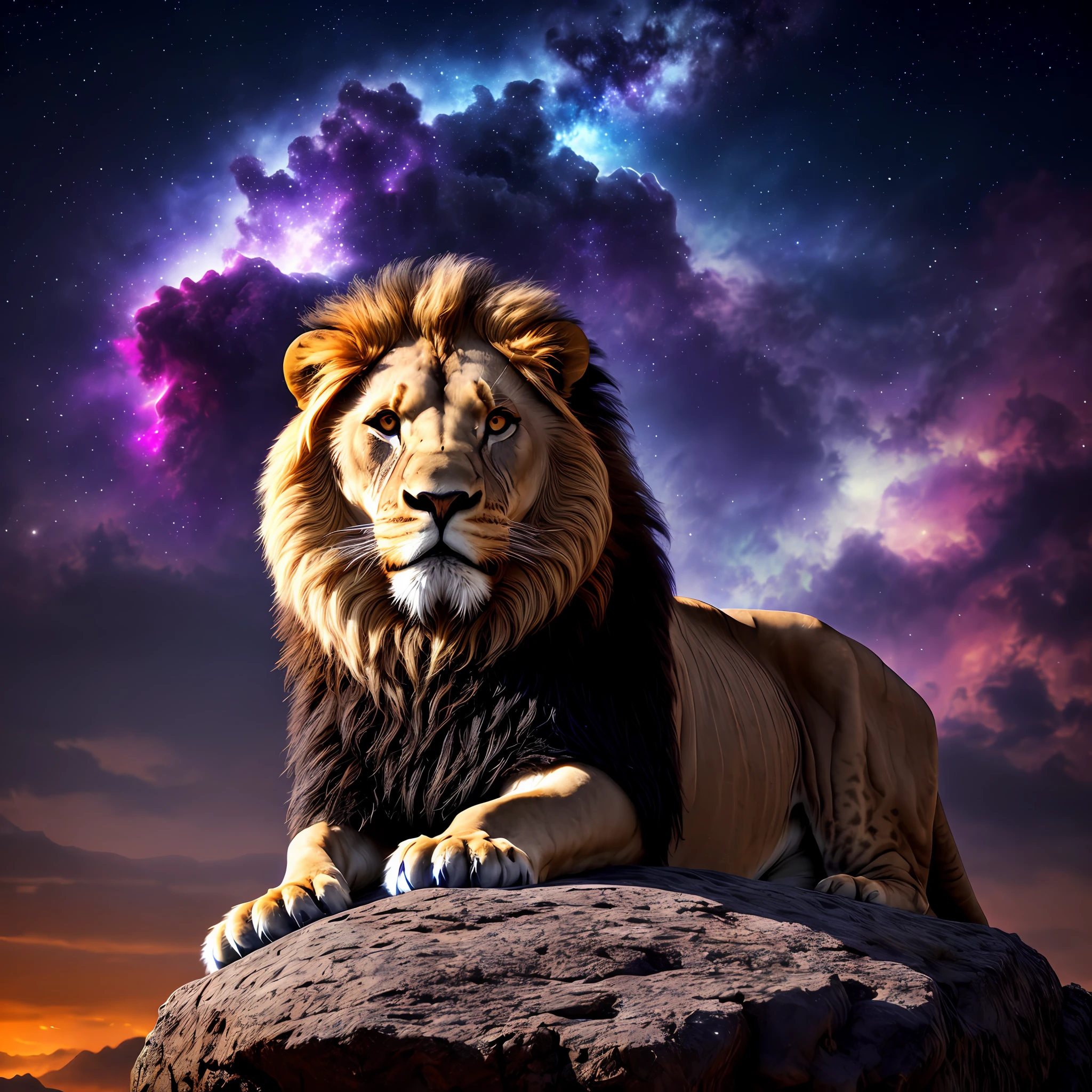 Perfect and imposing lion, without distortions, in a striking position, with flaming eyes, on top of a rock, with a purple and blue nebula baby background, perfect photography, ultra realistic photography, 12k, ultra resolution, cinematic, HDR,