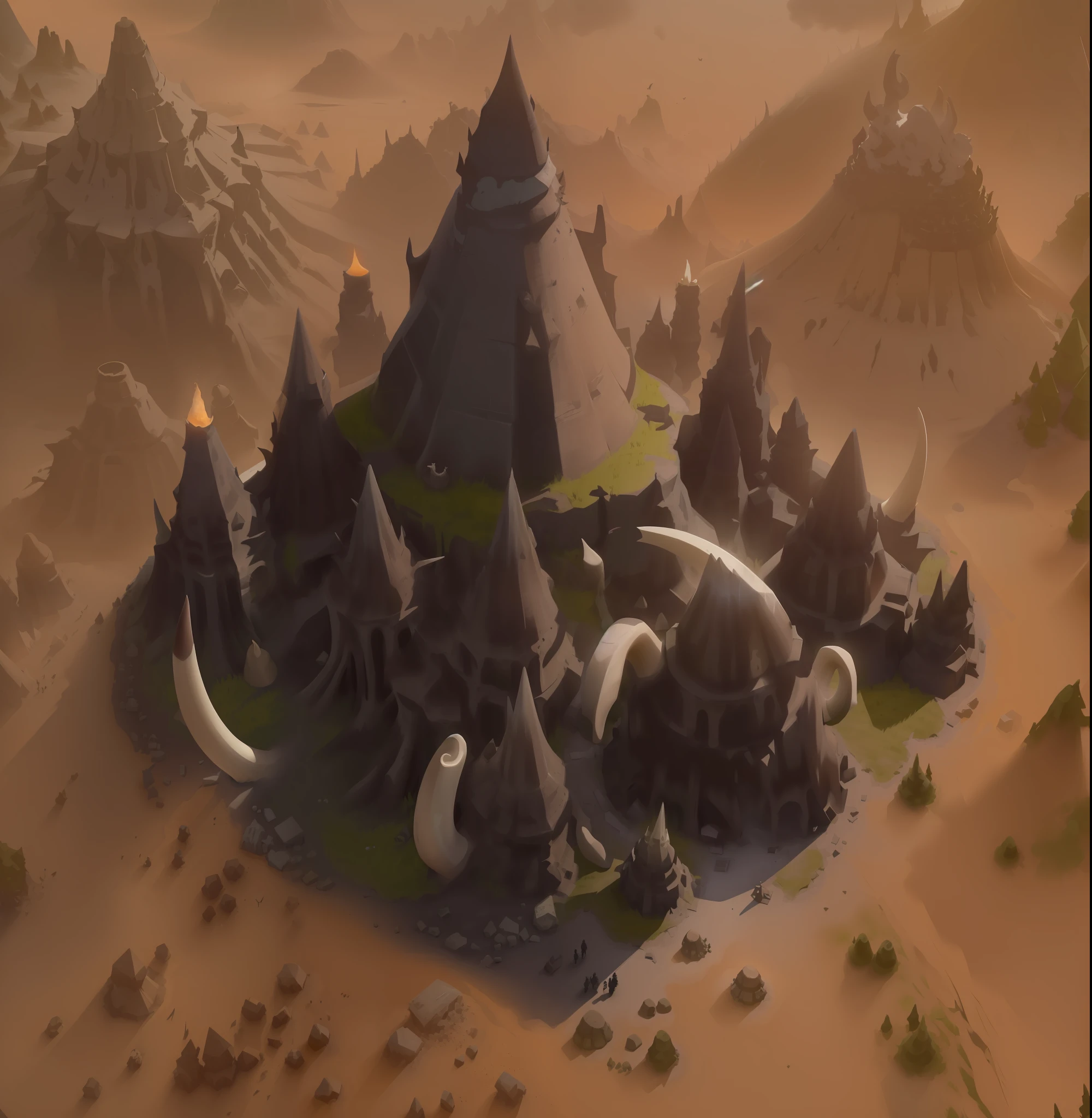 there are many horns and tusks in a pile on the ground, devils horns, giant horns, devil's horns, large horns, small horns, huge horns, cloven feet and horns, ruined alien structures, giant grave structures, giant mushrooms, spike shell, spike pit, giant tomb structures, short horns, long horns, mushroom structures, cow horns, spores