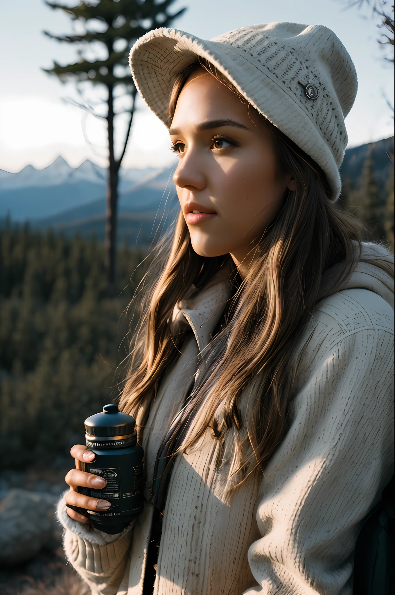 1 Jessica Alba, masterpiece, best quality, ultra-detailed, solo, outdoors, (night), mountains, nature, (stars, moon)   cheerful, happy, backpack, sleeping bag, camping stove, water bottle, mountain boots, gloves, sweater, hat, flashlight, forest, rocks, river, wood, smoke, shadows, contrast, clear sky,
analog style (look at viewer:1.2)  (skin texture)
(film grain:1.3), (warm hue, warm tone)