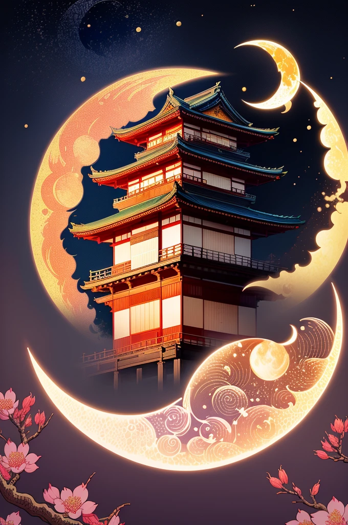 (extremely detailed digital illustration, ink painting), Japanese Ukiyo-e art style,(Japanese old ancient house:1.1), beautiful cherry blossoms, (peaceful full moon)|(beautiful crescent moon:1.3), inspired by Hokusai's art