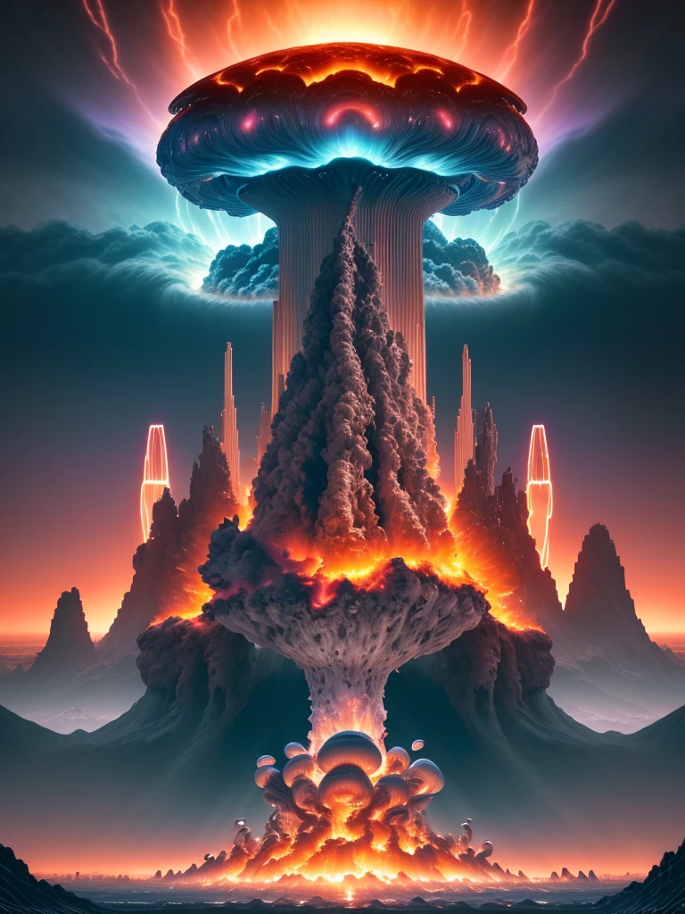 Angelical face of Zeus in the distance, Lanscape, atomic mushroom explosion, expansive wave, futuristic city destruction, epic, apocalipsis, intrincate details, (8k uhd, sunrise lighting, high quality, film grain) --ar 2:1 --s 1000 --style raw