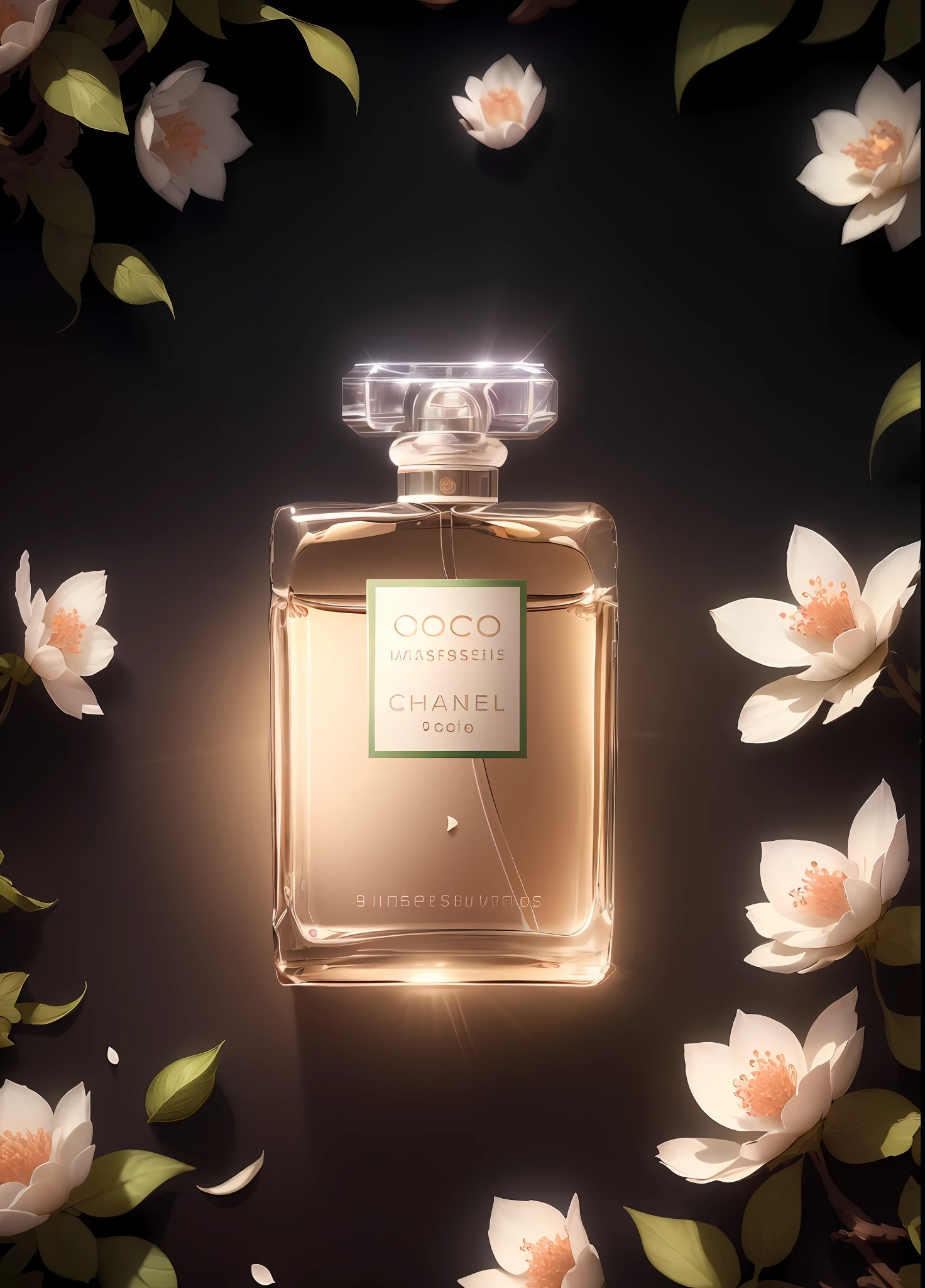 Masterpiece, best quality, (very detailed CG unified 8k wallpaper) (best quality), (best illustration), (best shadow) Nature Valley Delicate leaves Petals of various colors falling in the air Ray tracing, ultra-detailed, label white, background solid color, perfume bottle is made of glass --v6