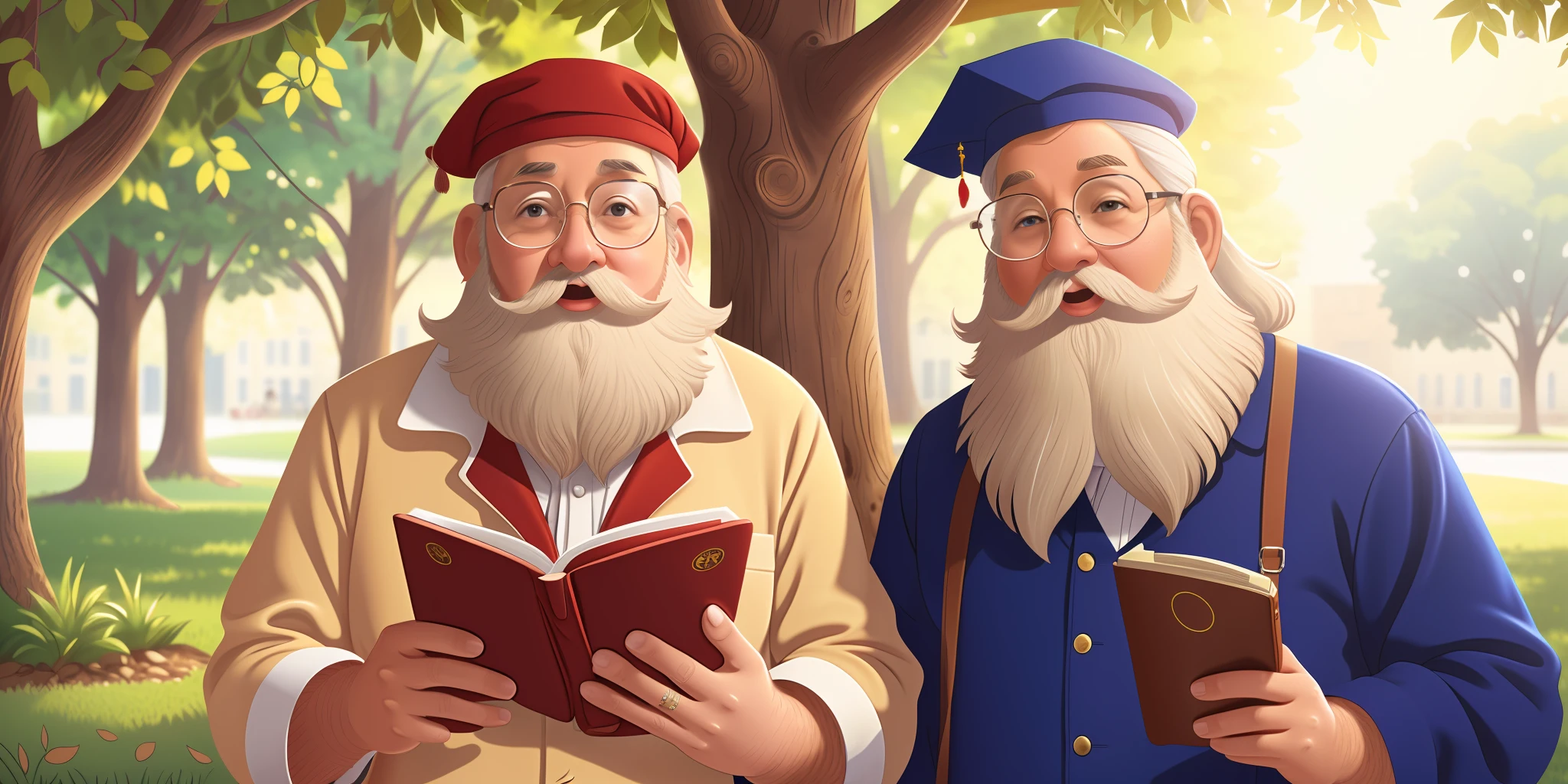 old teacher with white beard in campus, looking at you
