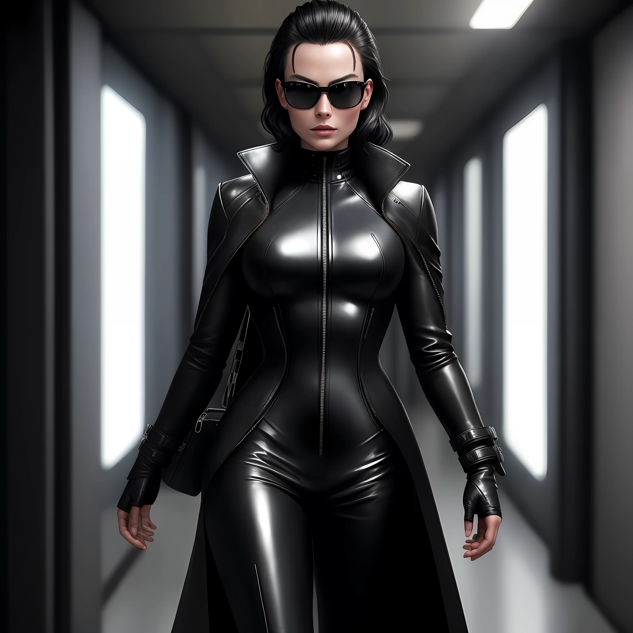 Movie photo Margot robbie wearing black leather suit with matrix style overcoat super realistic photo (8k) (HDR)wearing sunglasses, short black dark hair