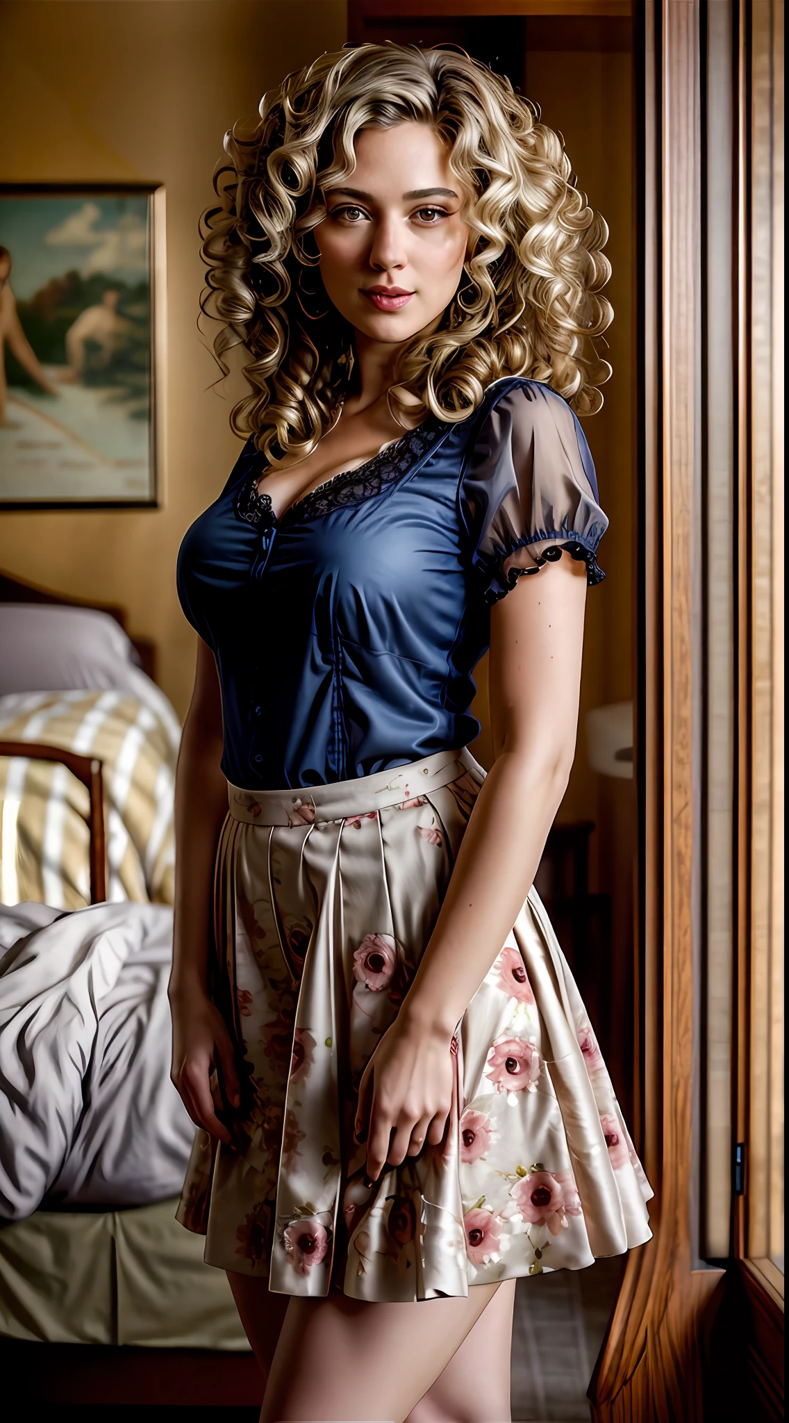 woman with curly hair, wearing a skirt and blouse, detailed seductive alluring eyes, in a modern bedroom, masterpiece, detailed, elegant, best quality, diffused broad light, backlighting, bloom, light sparkles, chromatic aberration, smooth, sharp focus, volumetric lighting, subsurface scattering, good highlights, good shading, cinematic, highest quality, award winning, masterpiece, 35mmstyle, front, cinematic lighting, high frequency details, 35mm film, film grain, film noise