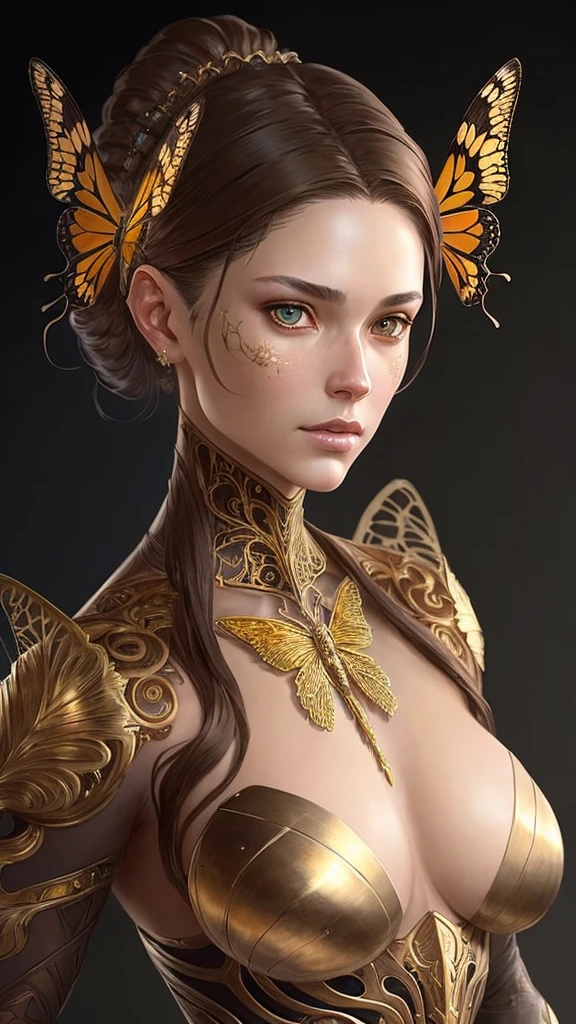 8k portrait of beautiful cyborg with brown hair, intricate, elegant, highly detailed, majestic, digital photography, art by artgerm and ruan jia and greg rutkowski surreal painting gold butterfly filigree, broken glass, (masterpiece, sidelighting, finely detailed beautiful eyes: 1.2), hdr,