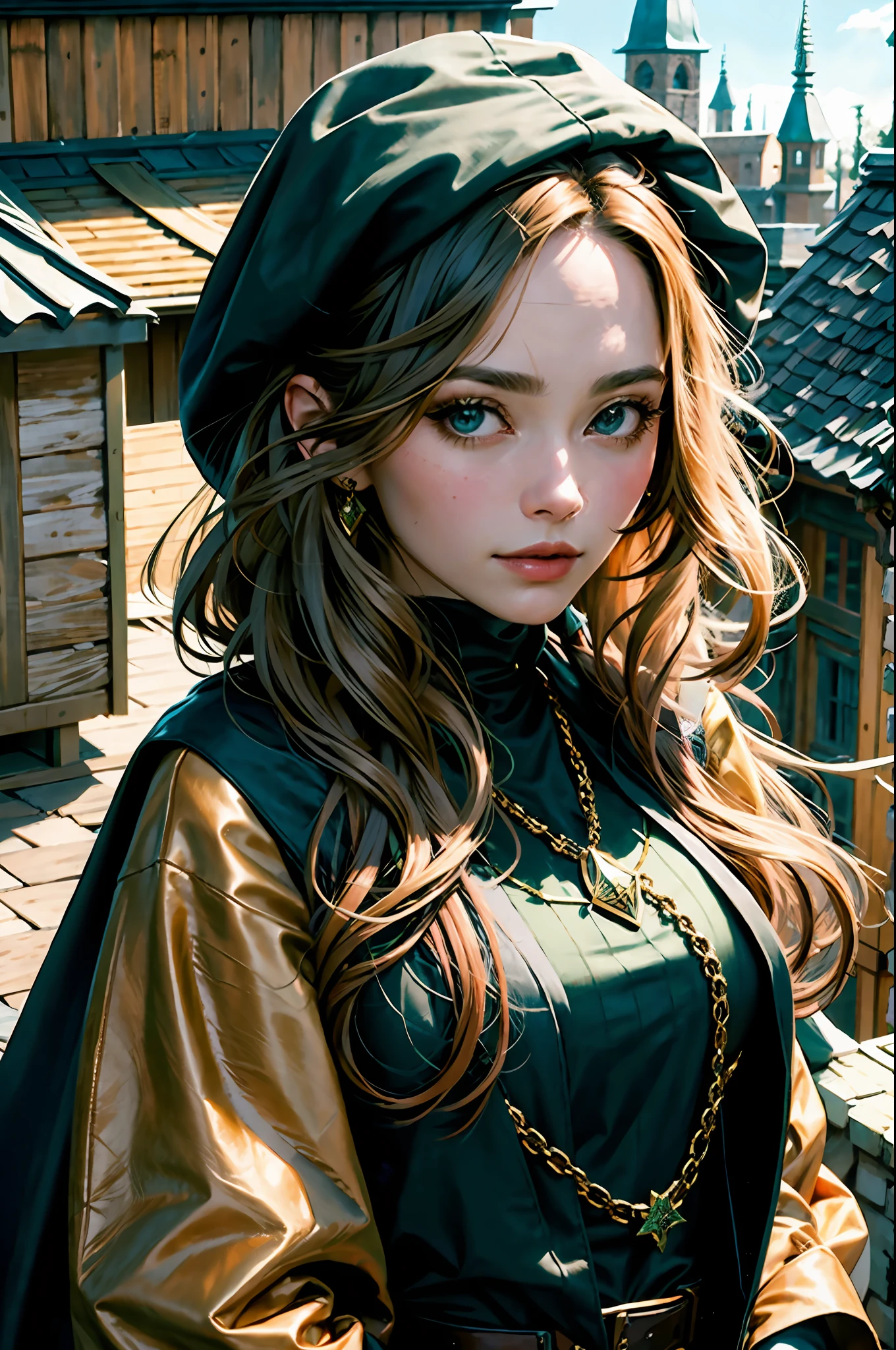 best quality , masterpiece, close up portrait, 1female, cute beautiful face, golden long hair, (on a rooftop), dark leather vest, dark clothes, dark green silk cloak hood over head, look at viewer, from above, background medieval village