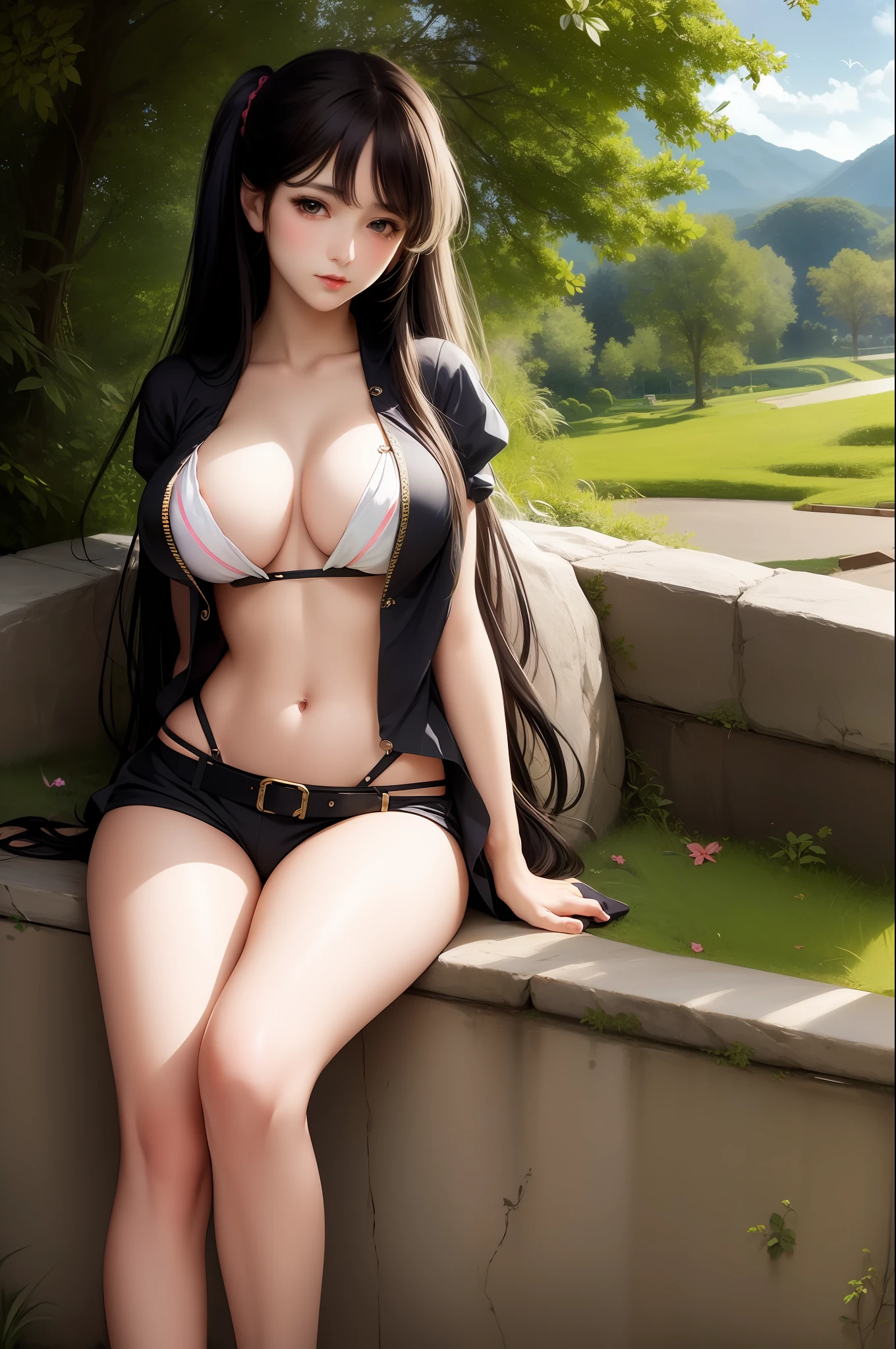 Hatsune Miku, ta raver stripper(((realistic))),(((illustration))),(((bishoujo))),(((masterpiece))), (((best quality))) ,(((1 beautiful detailed handsome girl))), energetic, GIGANTIC BREASTS, CLEAVAGE,  huge breasts, outdoors, curly hair, bouncy hair,red lipstick, beautiful detailed eyes, dynamic angle, perfect body, crop top, cut out, belt, shorts, by Jeremy Lipking, by William Bouguereau, (by Alphonse Mucha:0.5) ,