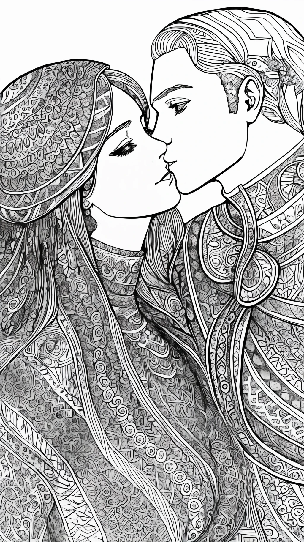 a coloring page with a woman's face and a pattern, kiss of man and woman, fine line art, making out, exquisite line art, extremely intricate, perfect ink and pen line art, intricate line drawing, intricate line art, coloring book sketch, complex drawing, ink art