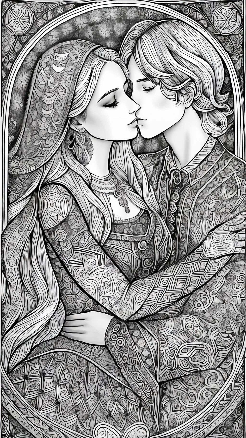 a coloring page with a woman's face and a pattern, kiss of man and woman, fine line art, making out, exquisite line art, extremely intricate, perfect ink and pen line art, intricate line drawing, intricate line art, coloring book sketch, complex drawing, ink art