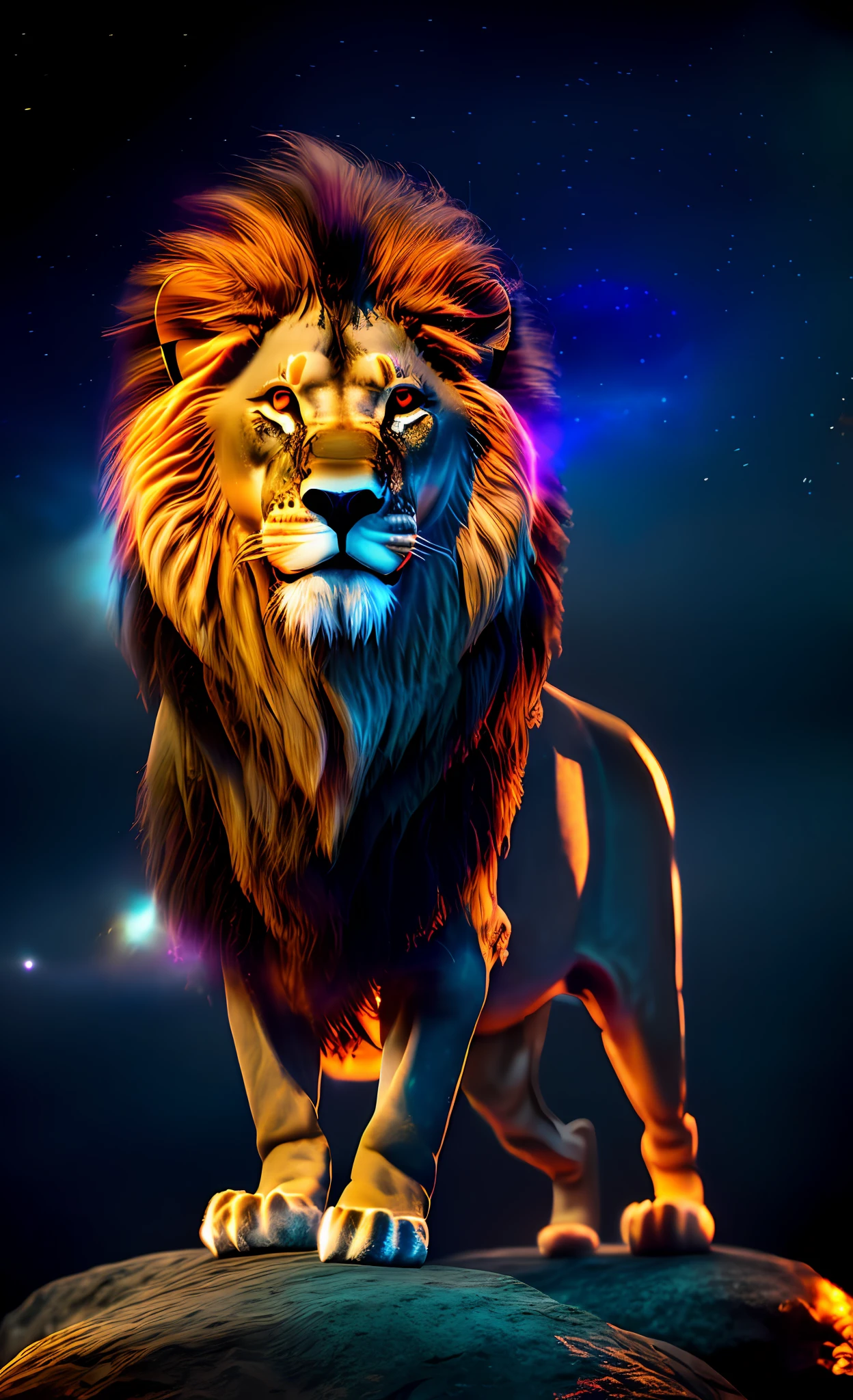 Perfect and imposing lion, without distortions, in a striking position, with luminous and flaming eyes, on top of a rock, with a purple and blue nebula drinks background, perfect photography, ultra realistic photography, 12k, ultra resolution, cinematic, HDR, real textures, better anatomy, better proportion, better details, better quality, better contrast