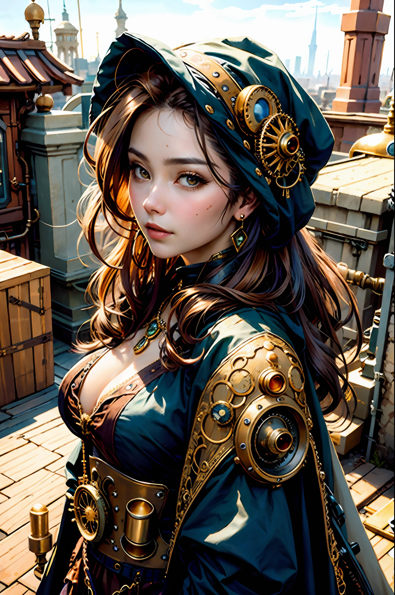 best quality , masterpiece, close up portrait, 1female, cute beautiful face, golden long hair, (on a rooftop)steampunk style, steampunk suggestive clothes, dark brown silk cloak hood over head, look at viewer, from above, backgroundsteampunk city