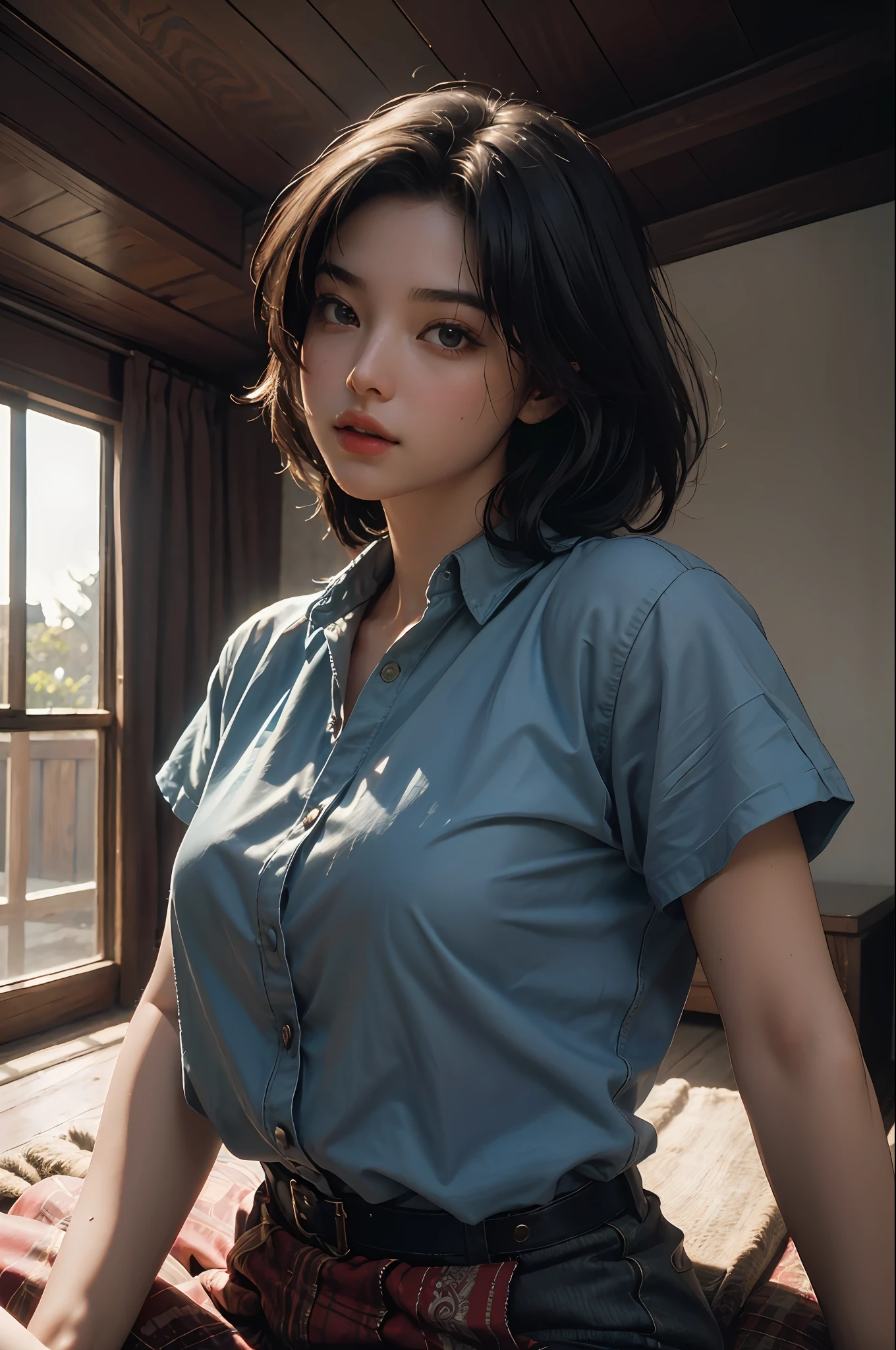 (RAW photo, 4k, masterpiece, high res, extremely intricate) (photorealistic:1.4), cinematic lighting
1girl, solo focus, summer noon, hot, 1990s \(style\),cowboy shot,indoors