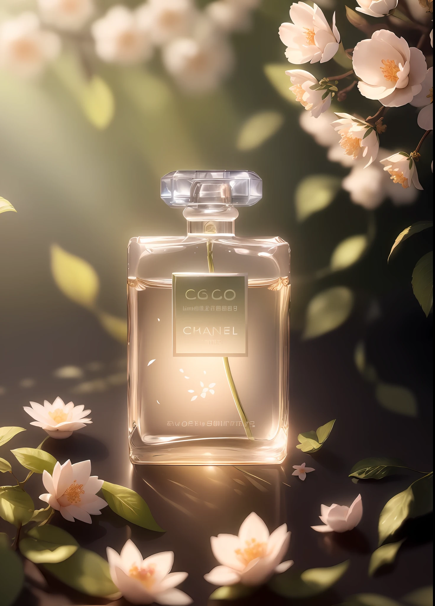 Masterpiece, best quality, (very detailed CG unified 8k wallpaper) (best quality), (best illustration), (best shadow) Nature Valley Delicate leaves Petals of various colors falling in the air Ray tracing, ultra-detailed, label white, background solid color, perfume bottle is made of glass --v6