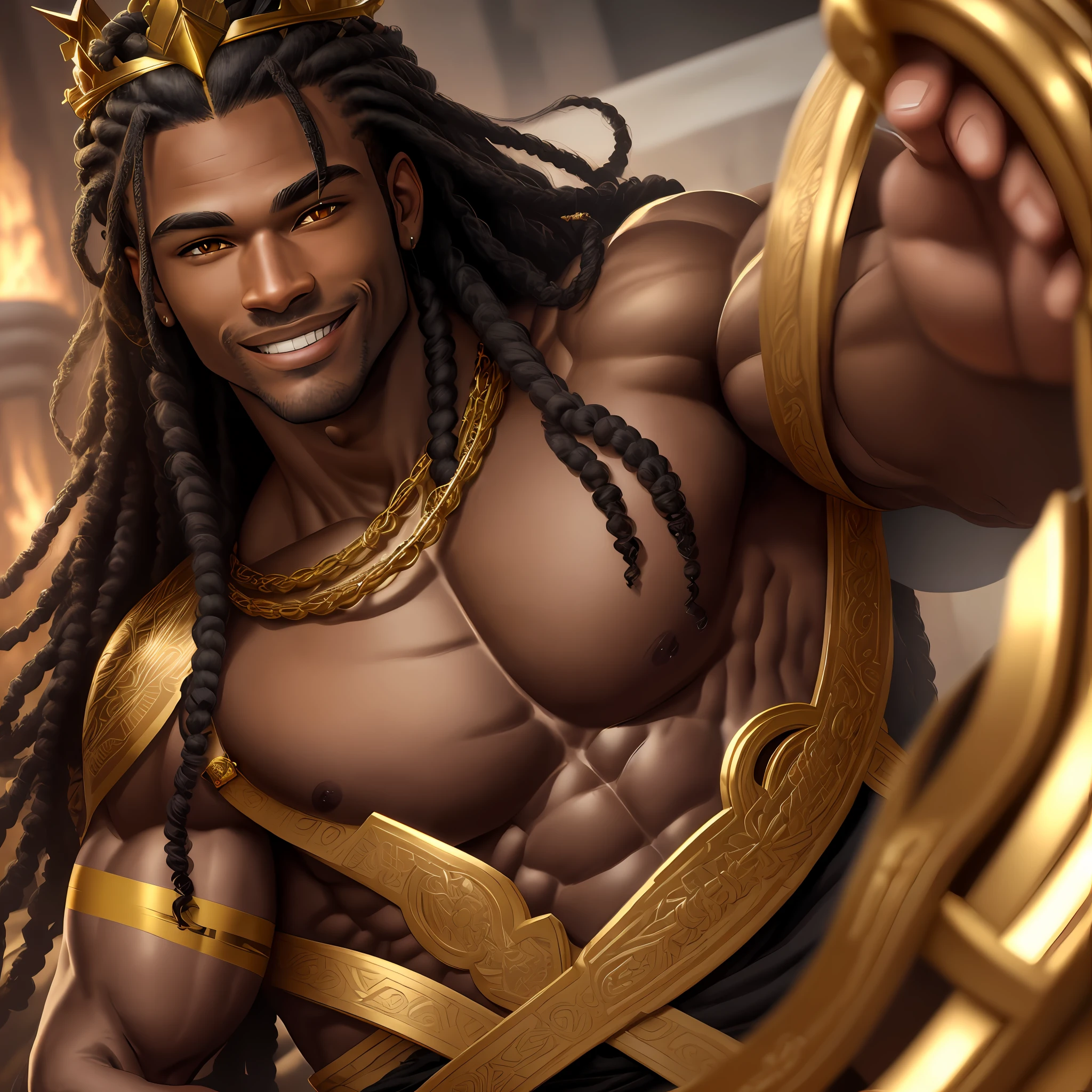 solo, Masterpiece, best quality, ultra highres, extremely detailed CG, A muscular man with black skin, yellow eyes, with long braided hair, wearing a white chest band, smiling, with a golden crown, realistic