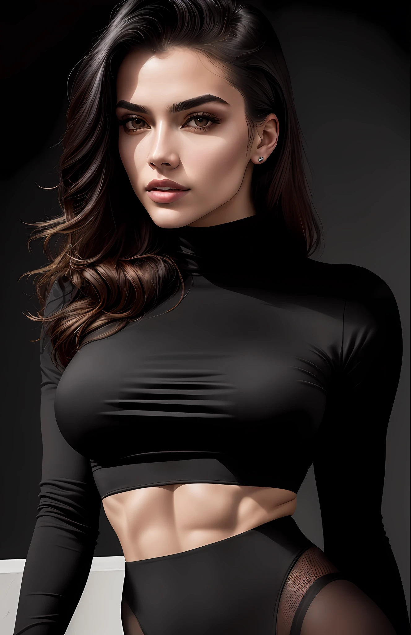 high angle photo of a gorgeous young woman in the style of stefan kostic,abs, realistic skin texture, looks up,black sweatshirt, 1 / 2 body crop, 8 5 mm art lens, f 1. 2, sharp focus, 8 k high definition, insanely detailed, intricate, elegant, art by stanley lau and artgerm
